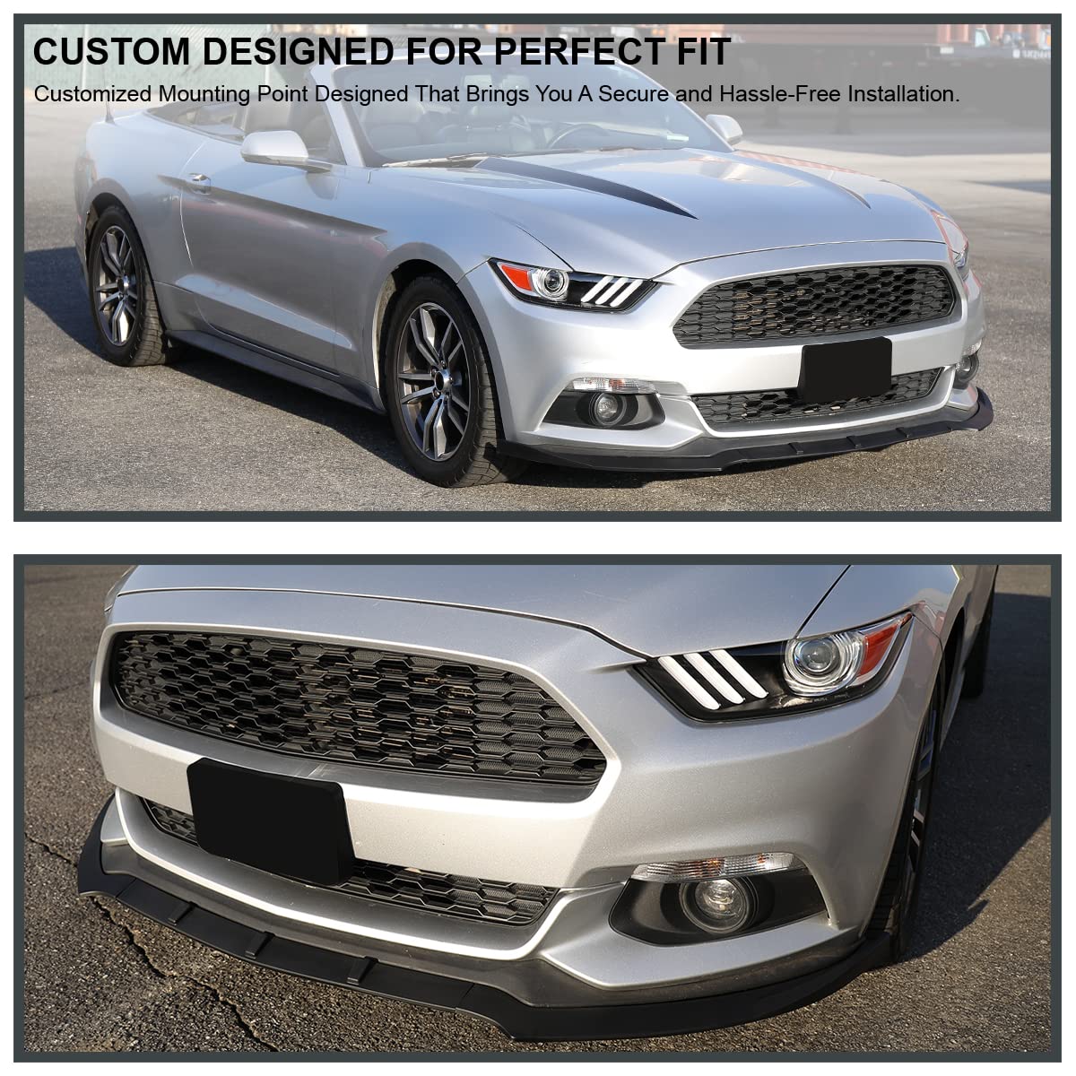 Front Bumper Lip Spoiler Spec-D Tuning Black Body Kit 3PC Compatible with 2015-2020 Ford Mustang