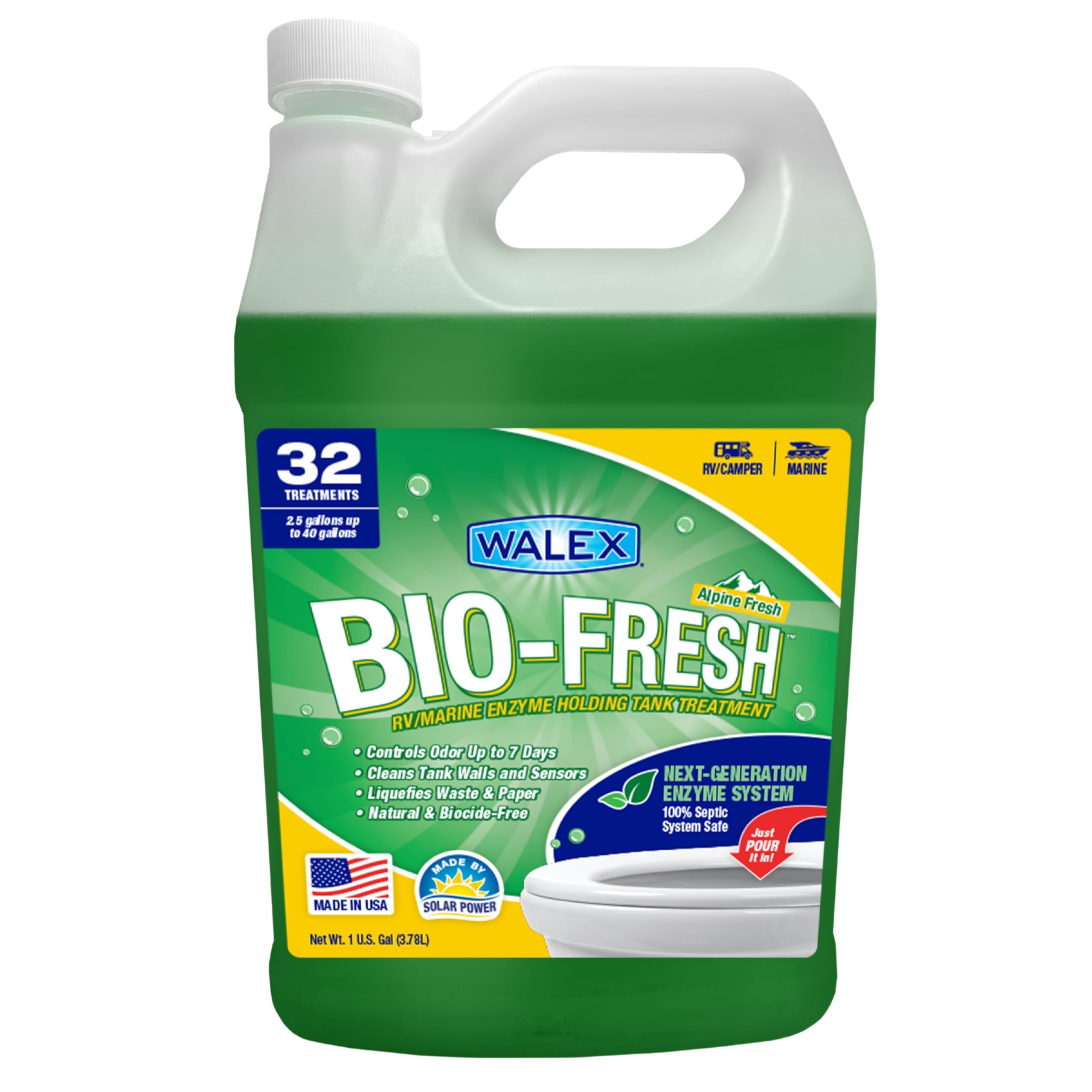 Bio-Fresh Walex Liquid Enzyme Holding Tank Treatment for RV, Camper & Marine - Black Water Tank Deodorizer, Liquifies Waste & Toilet Paper, Septic Tank Safe, Biocide-Free, Alpine Fresh, 1 Gallon
