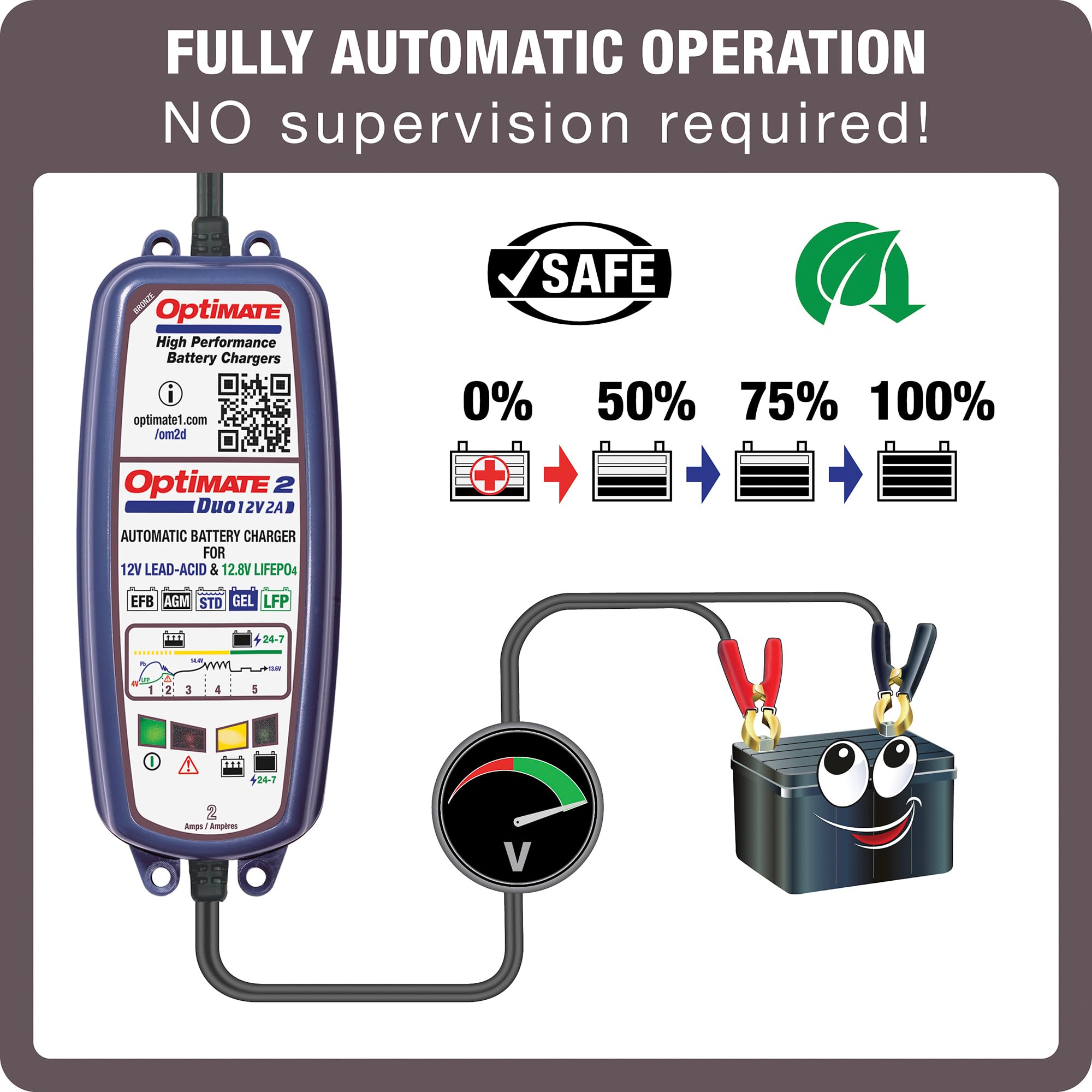 Optimate 2 Duo, TM-551 Tecmate, Bronze Series: 5-Step 12V / 12.8V 2A Sealed Battery Charger & maintainer, Blue
