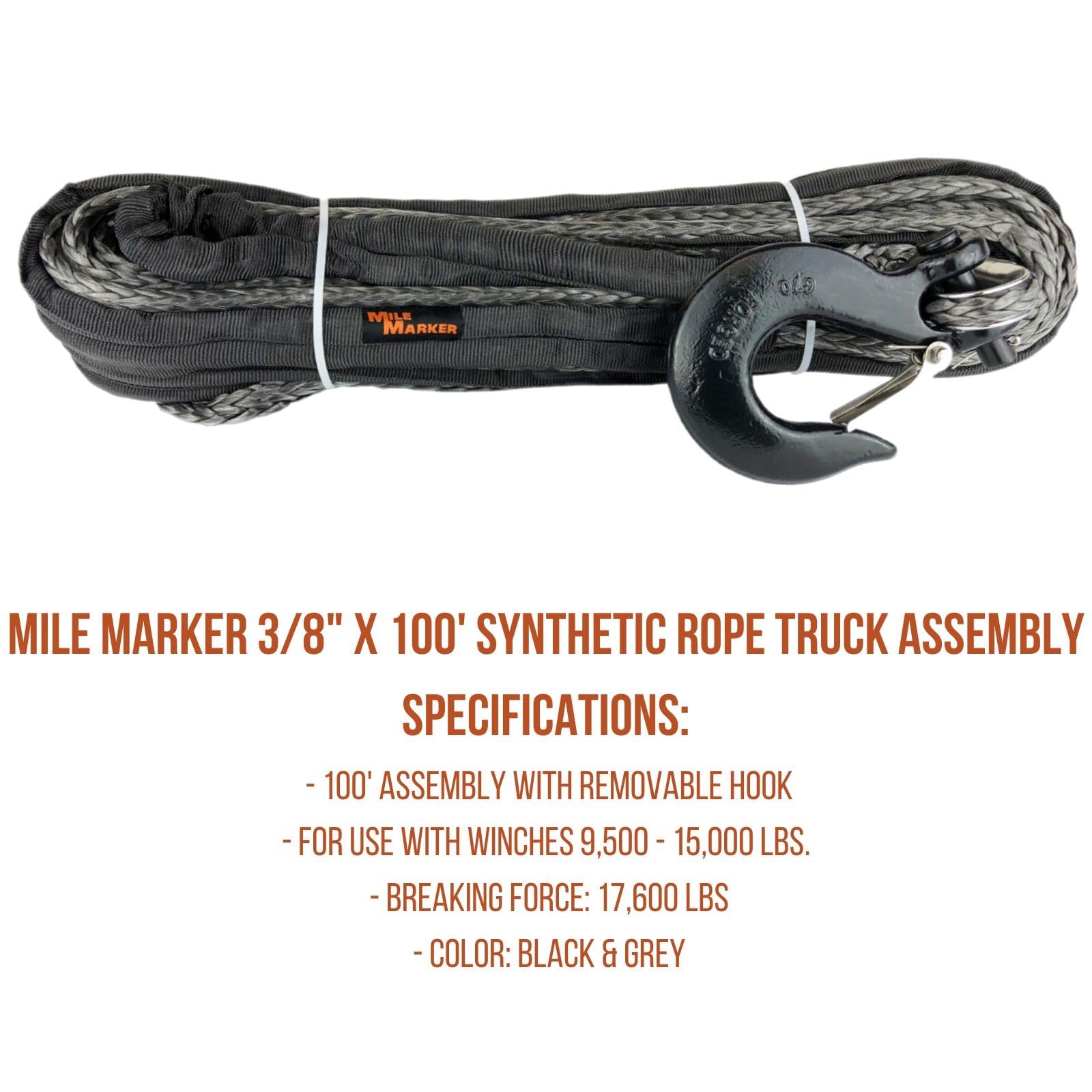 Single Mile Marker 19-52038-100C 3/8" x 100' Black & Grey Synthetic Rope Assembly with Removable Hook for Winches 9,500-15,000 lbs. - Breaking Force of 17,600 lbs