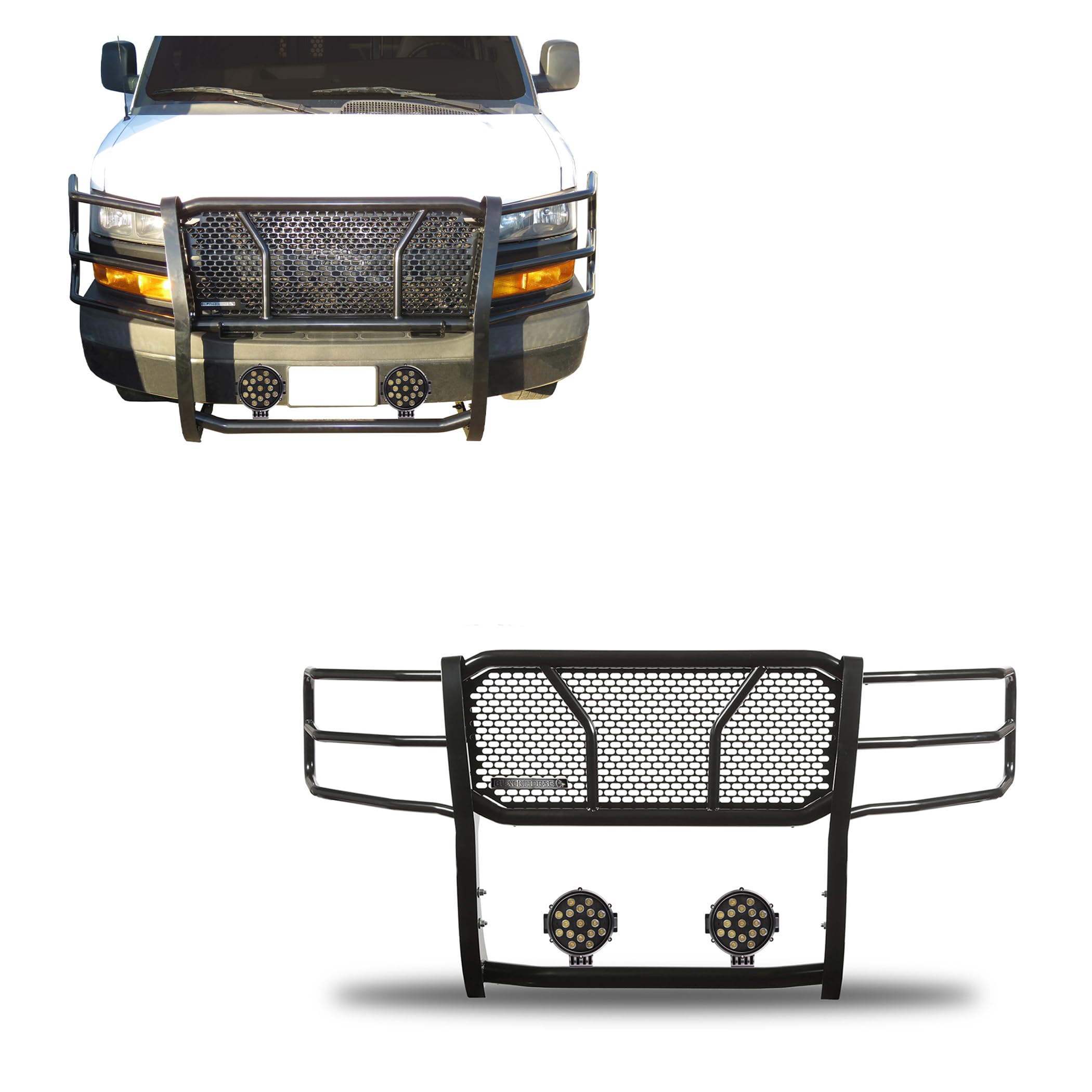 RUGGED HD Black Horse Grille Brush Bumper Guard Modular Come W/ pair of 7.0"LED Lights Compatible with 03-14 Express 1500|03-24 Express 2500/3500|09-24 Express 4500/Express Cargo-RU-GV02MA-B-PLB