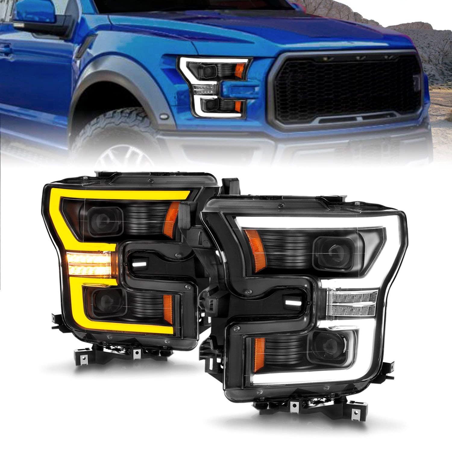 Ford F-150 ANZO USA 15-17 Projector Full LED Switchback Headlights Black Amber