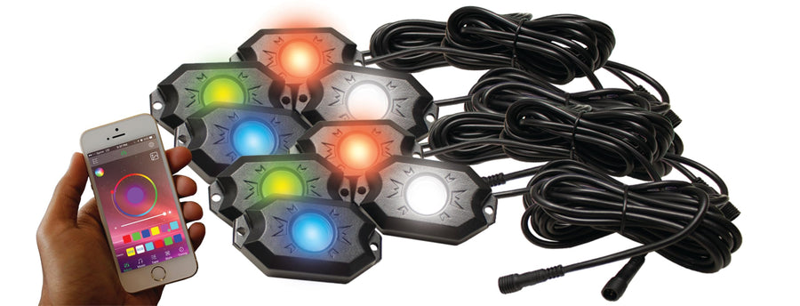 Race Sport Lighting NEW RS8PRGBW 8-POD Hi-Power RGB+W Rock Light Complete Kit with Bluetooth APP controls in Retail Box,Black