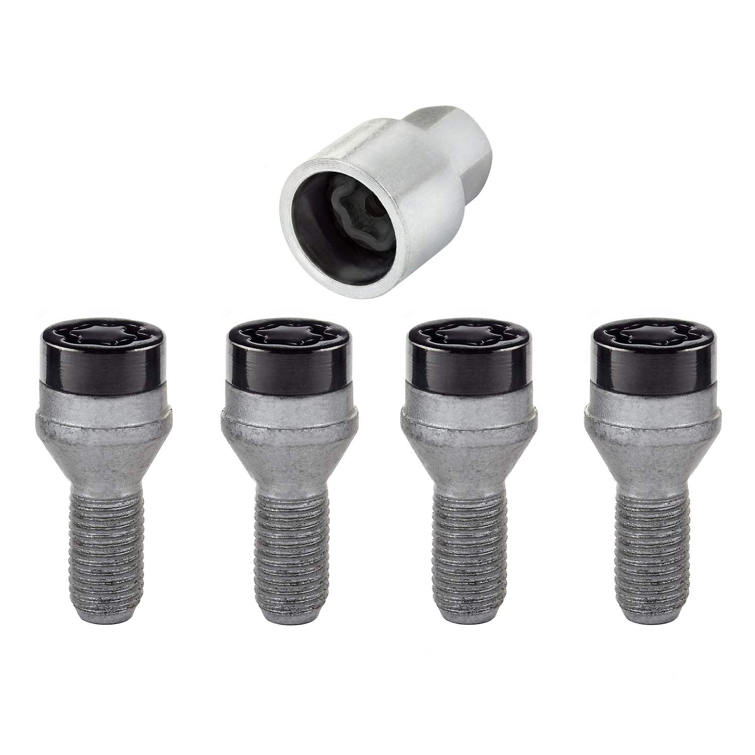 Black Bolt Style McGard Cone Seat Wheel Lock Set (M12 x 1.25 Thread Size) - Set of 4 Locks and 1 Key