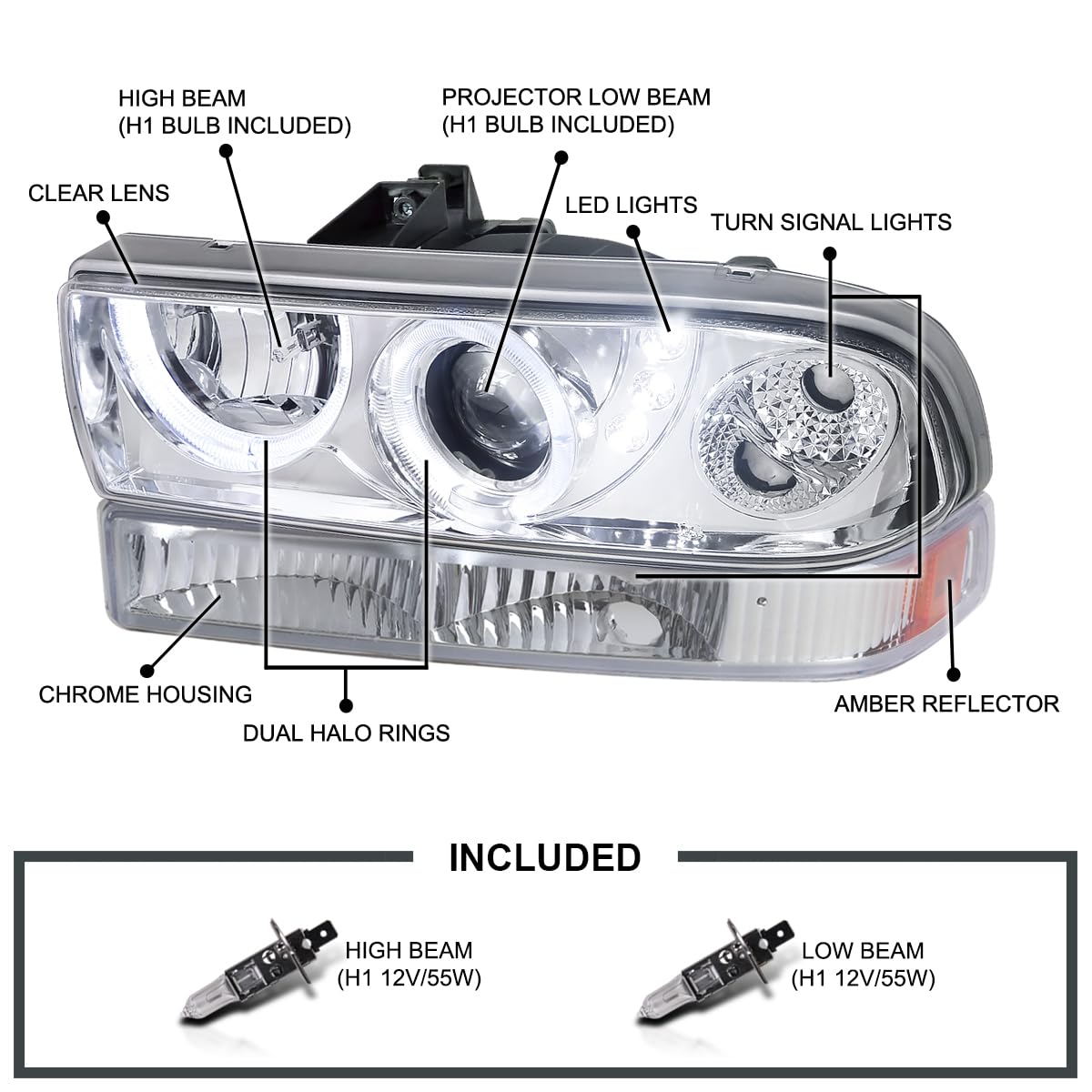Chrome Halo SMD LED Projector Headlights + Chrome Bumper Lights SPEC-D TUNING Compatible with 1998-2004 Chevy S10, Left + Right Pair Headlamps Assembly