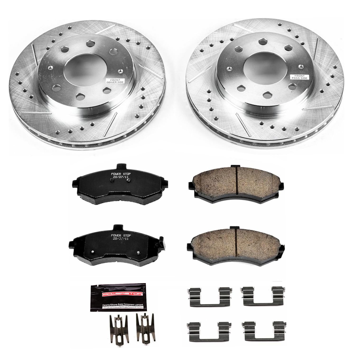 Power Stop K1093 Z23 Carbon Fiber Brake Pads Front with Drilled & Slotted Brake Rotors Kit For Hyundai Elantra 2002-2005 [Model Specific]