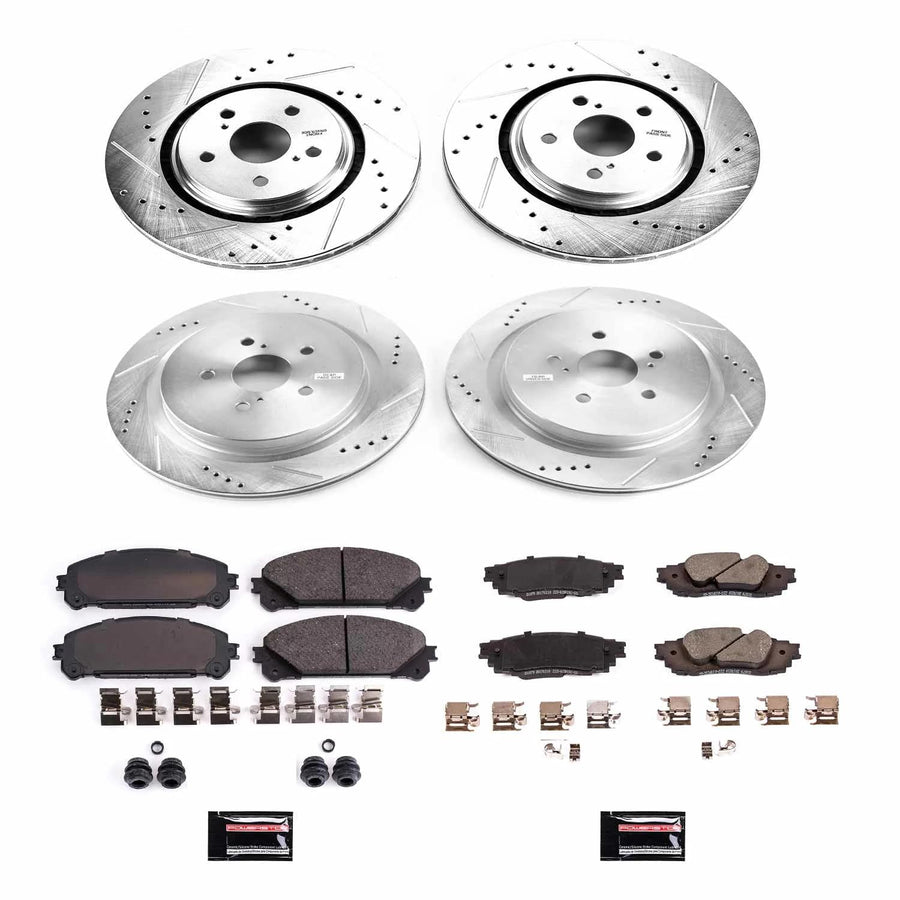 Brake Kit Power Stop For 2016-2022 Lexus RX350, 2018-2022 RX350L, 2016-2022 RX450h, 2018-2022 RX450hL Front and Rear Carbon Fiber Brake Pads with Drilled and Slotted Brake Rotors Replacement, K7606