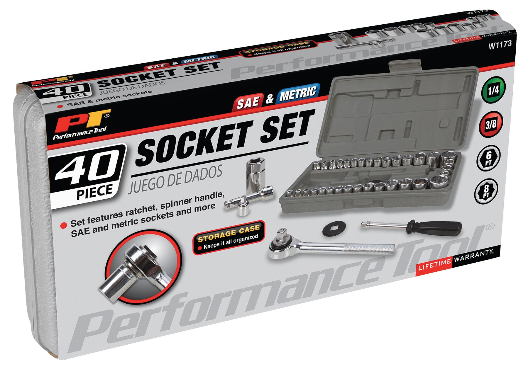 40-Piece Performance Tool W1173 SAE/Metric Socket Set, 1/4-Inch & 3/8-Inch Drive