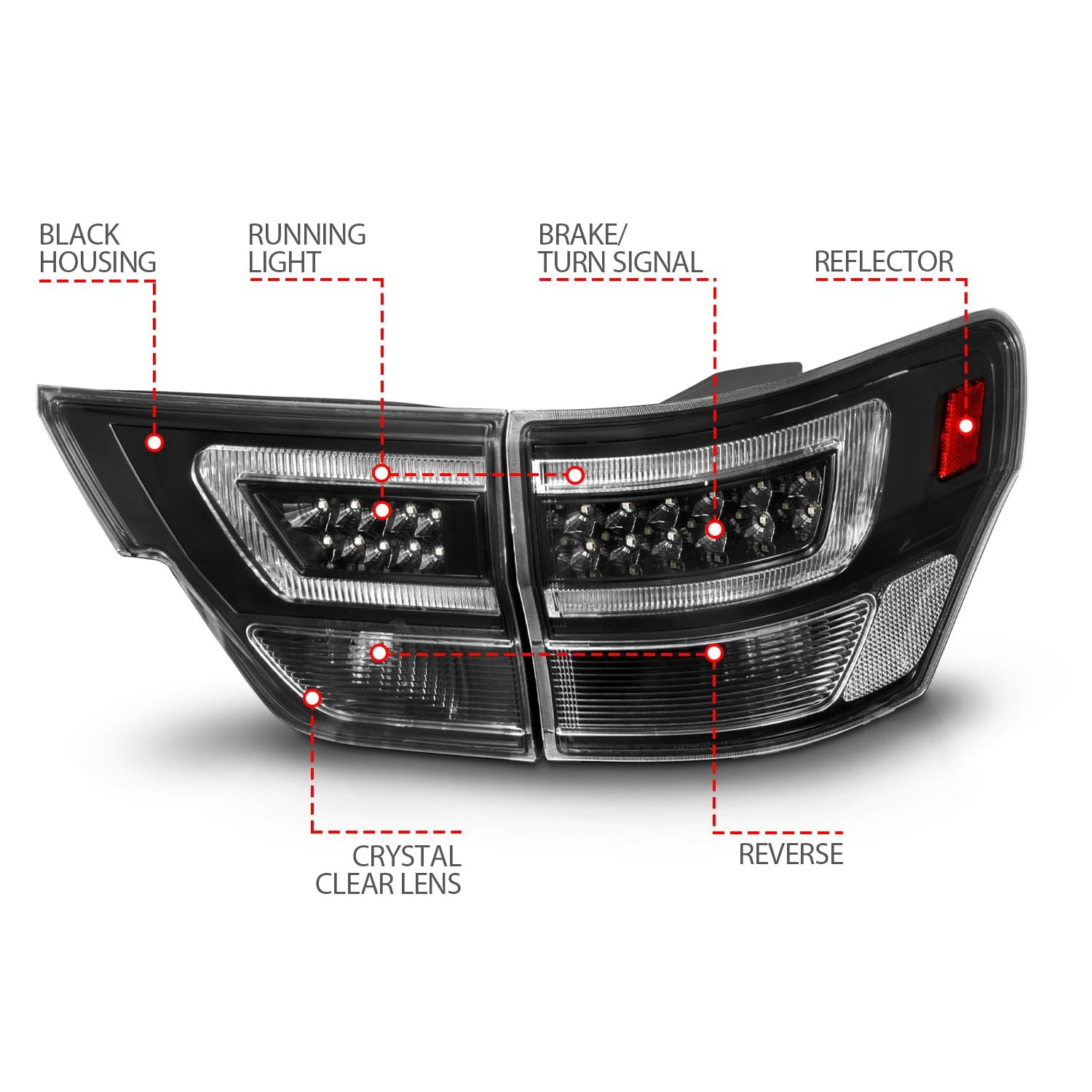11-13 Jeep Grand Cherokee ANZO LED Taillights w/Lightbar Black Housing/Clear Lens 4pcs