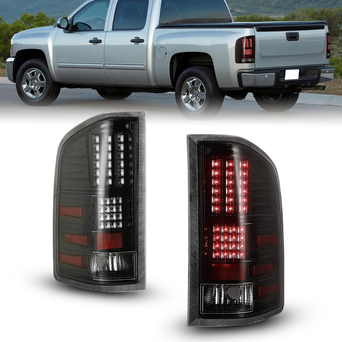 LED Taillights Winjet for [2007-2013 Chevy Silverado 1500] [2007 2008 2009 2010 2011 2012 2013 2014 Silverado 2500/3500] Rear Lamps Driver and Passenger Side Clear