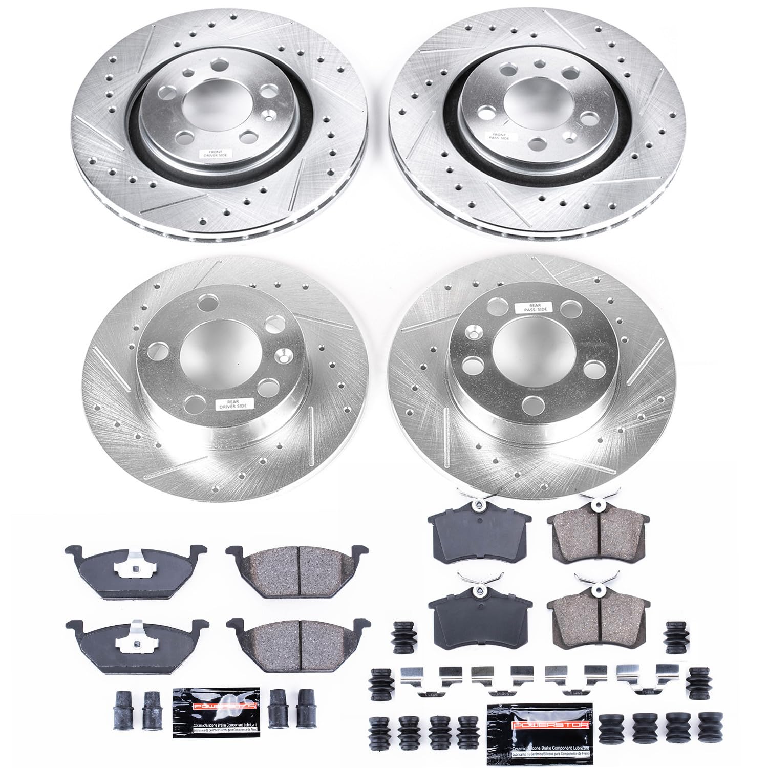 Power Stop K5402 Z23 Carbon Fiber Brake Pads Front and Rear with Drilled & Slotted Brake Rotors Kit