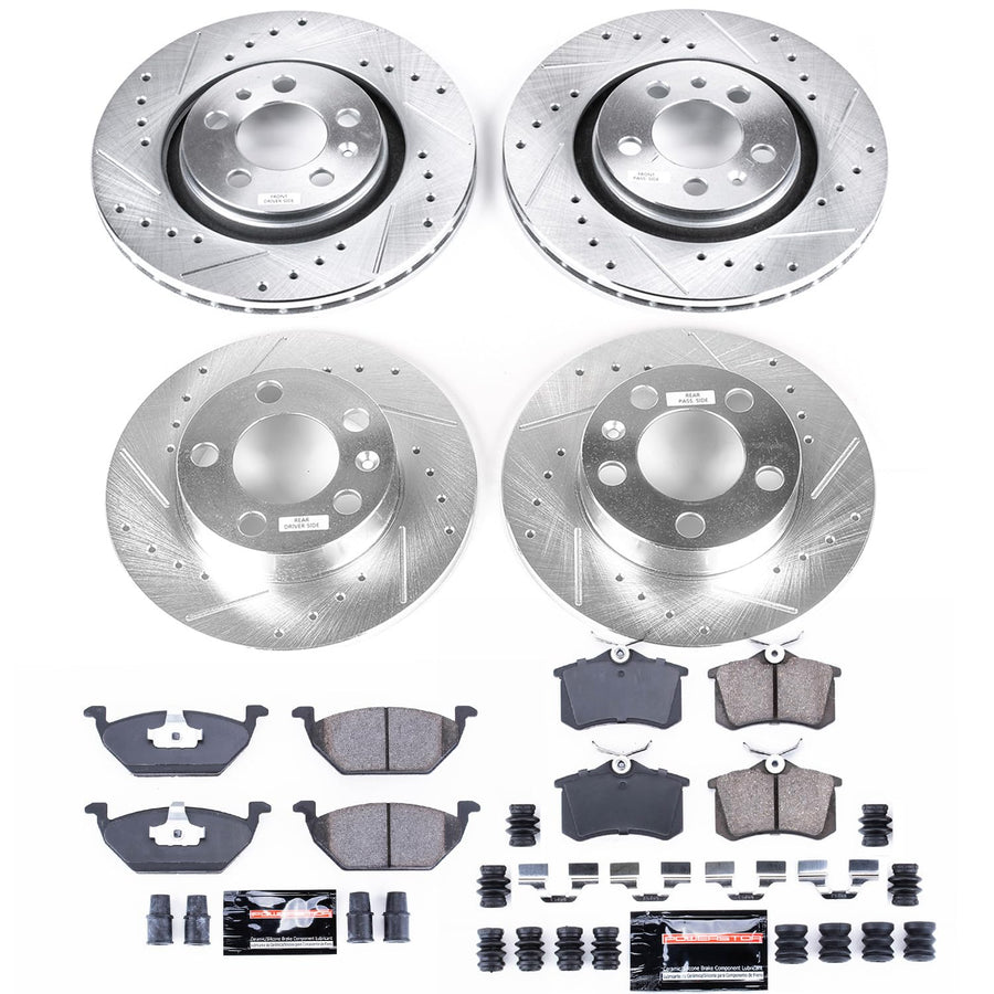 Power Stop K5402 Z23 Carbon Fiber Brake Pads Front and Rear with Drilled & Slotted Brake Rotors Kit