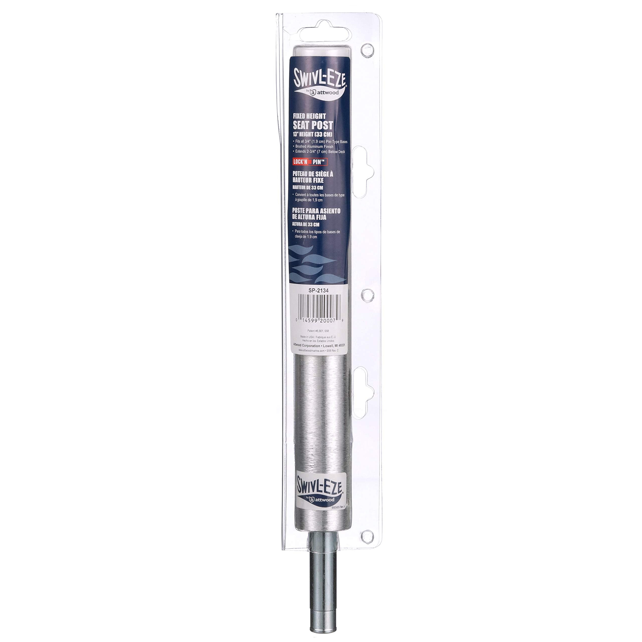 Attwood Lock’N-Pin SP-2134-T ¾-Inch Pin Post, 13 Inches Tall, 1.5-Inch Diameter, Brushed Aluminum, Threaded, Steel Pin