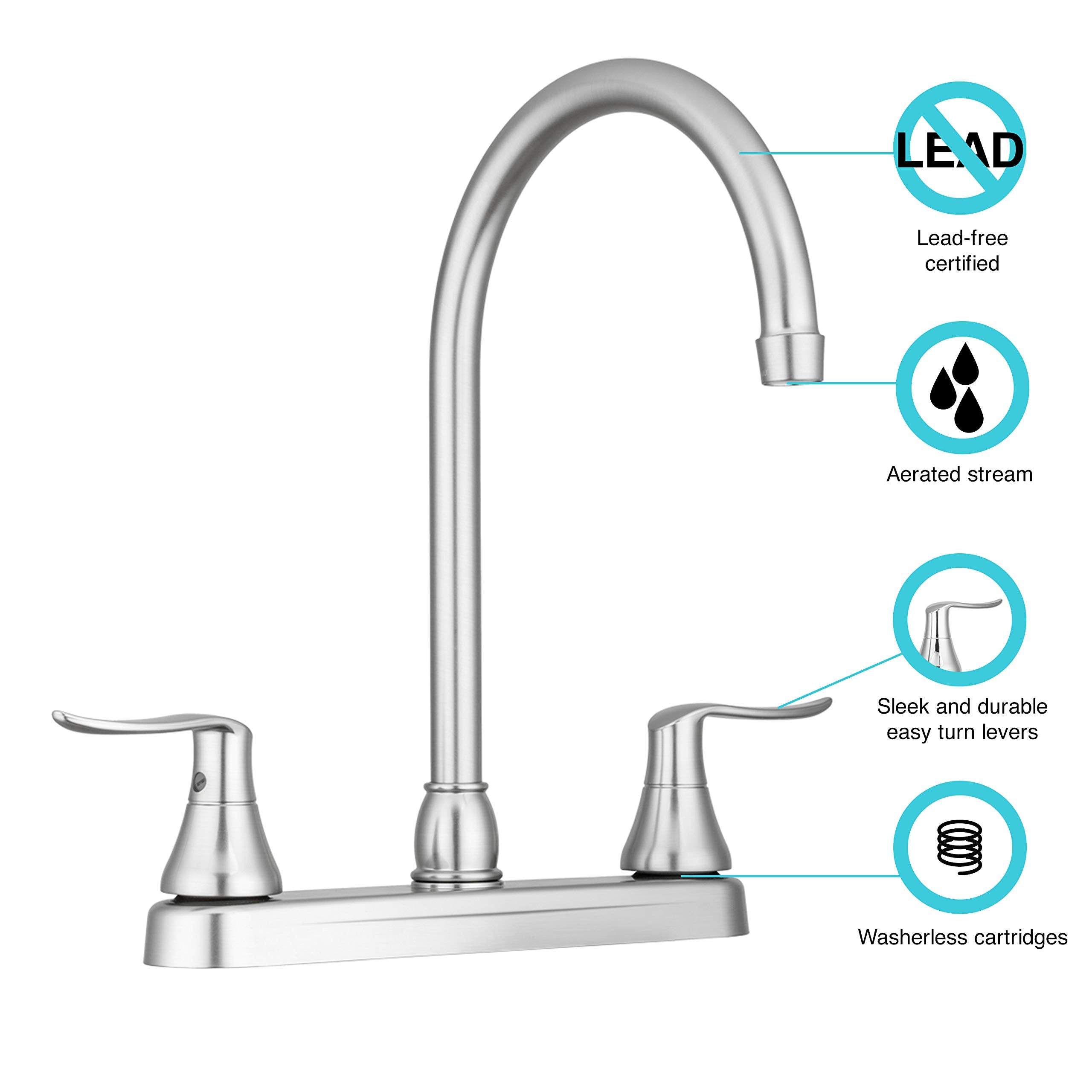 Dura Faucet RV DF-PK330HLH-SN Elegant J-Spout Swivel Kitchen Sink Faucet, Two Handle (Brushed Satin Nickel)