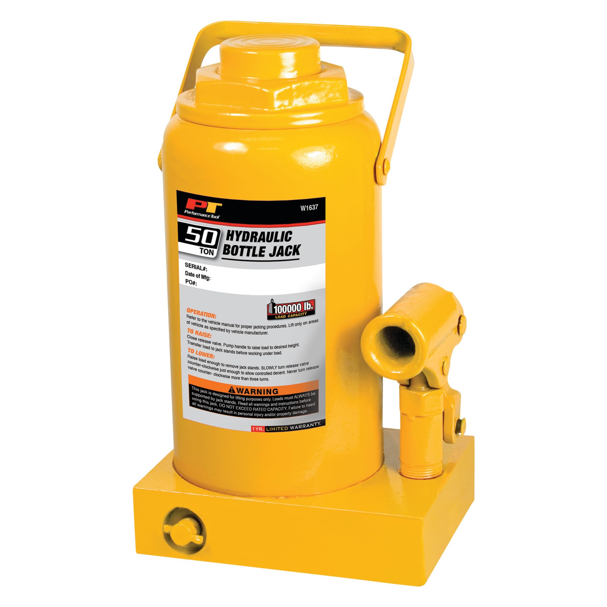 50 Ton Performance Tool W1637 Heavy Duty Hydraulic Bottle Jack (100,000 lbs.)