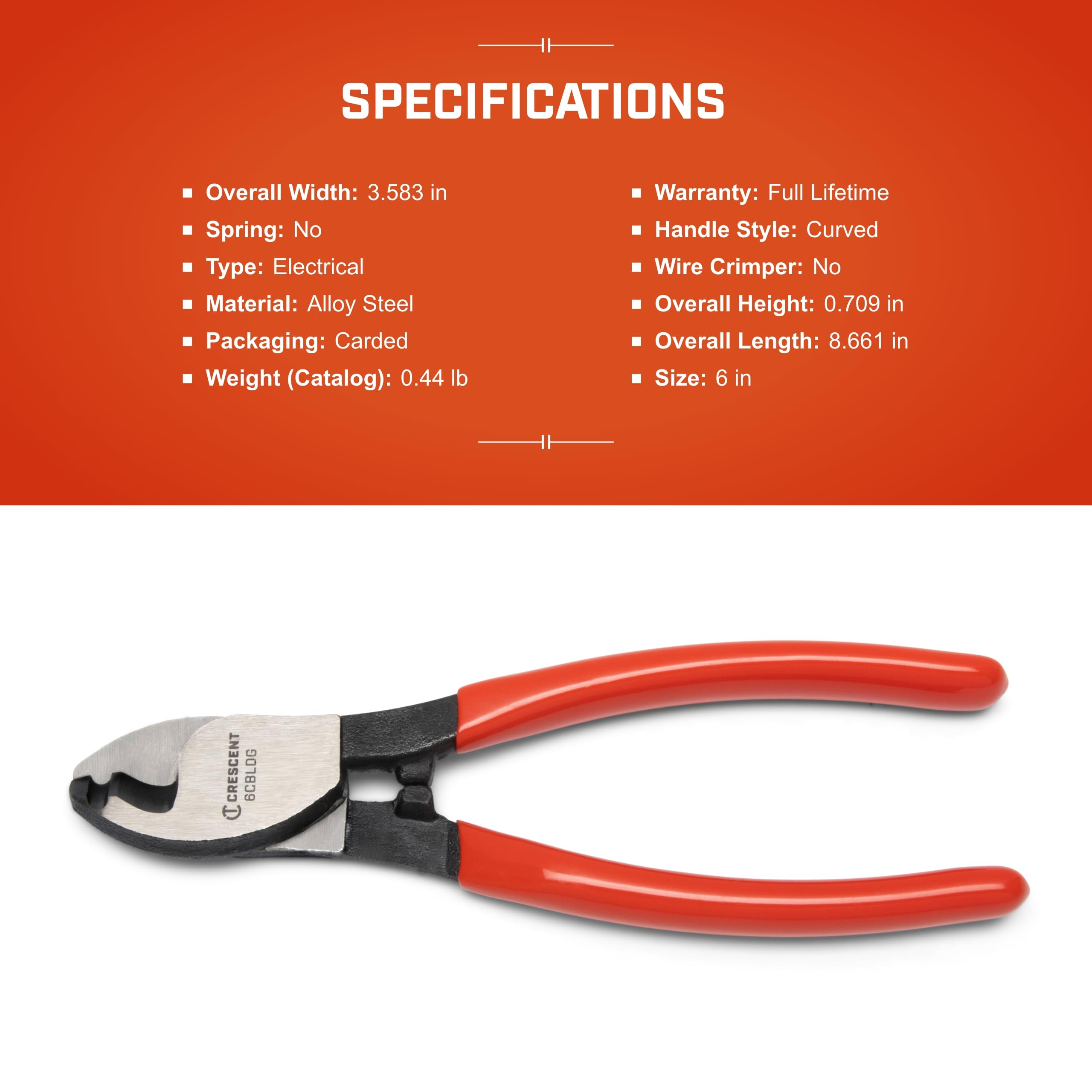 Crescent Cable Cutter, Pliers Dipped Handle - Premium Cutting Pliers with Sheer-Cut Blades & Ergonomic Grip - Professional-Grade Hand Tool - 6" - 6CBLDG