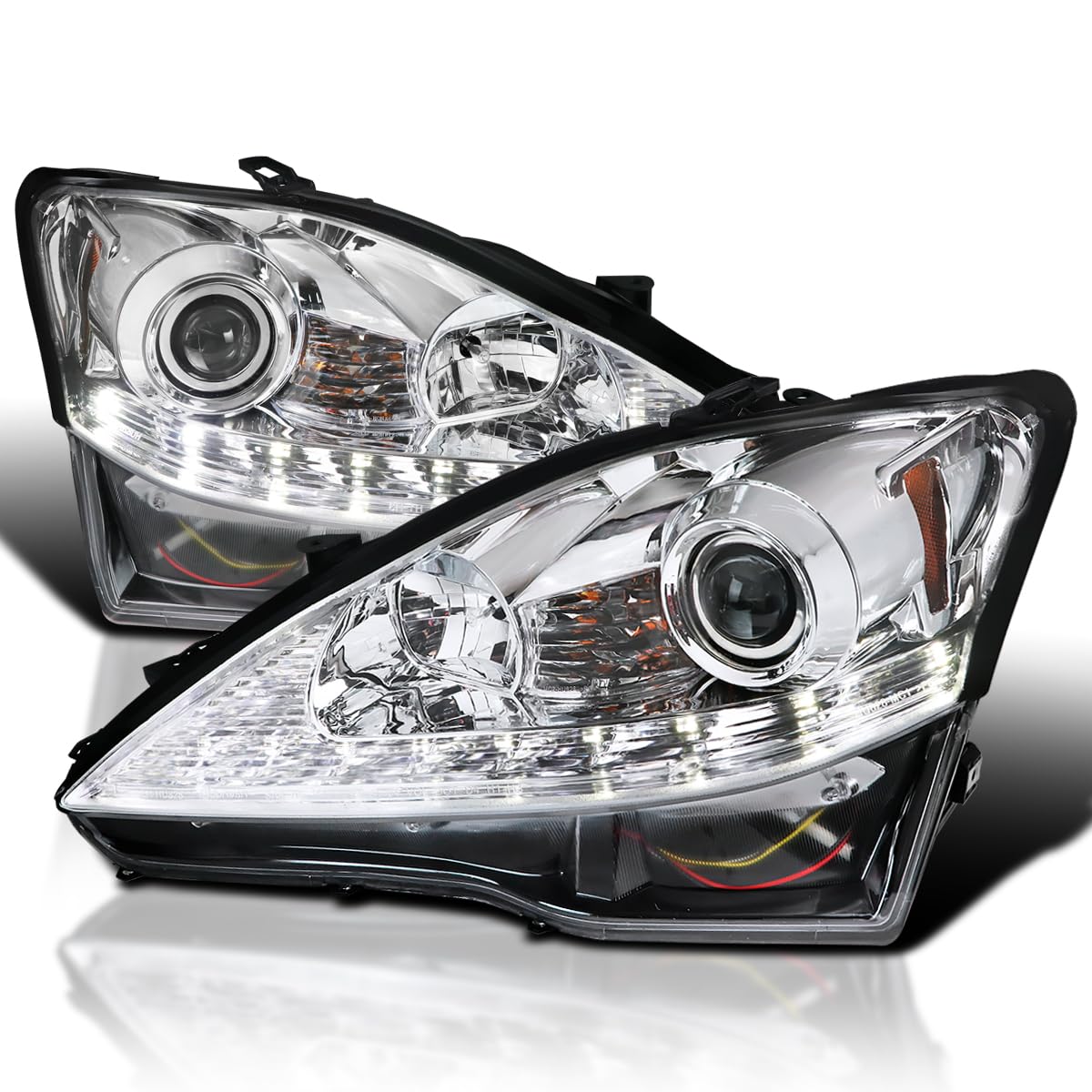 Spec-D Tuning Clear Lens Chrome Housing Projector Headlights w/Sequential LED Signal Compatible with 2006-2010 Lexus IS250 IS350, Left + Right Pair Headlamps Assembly