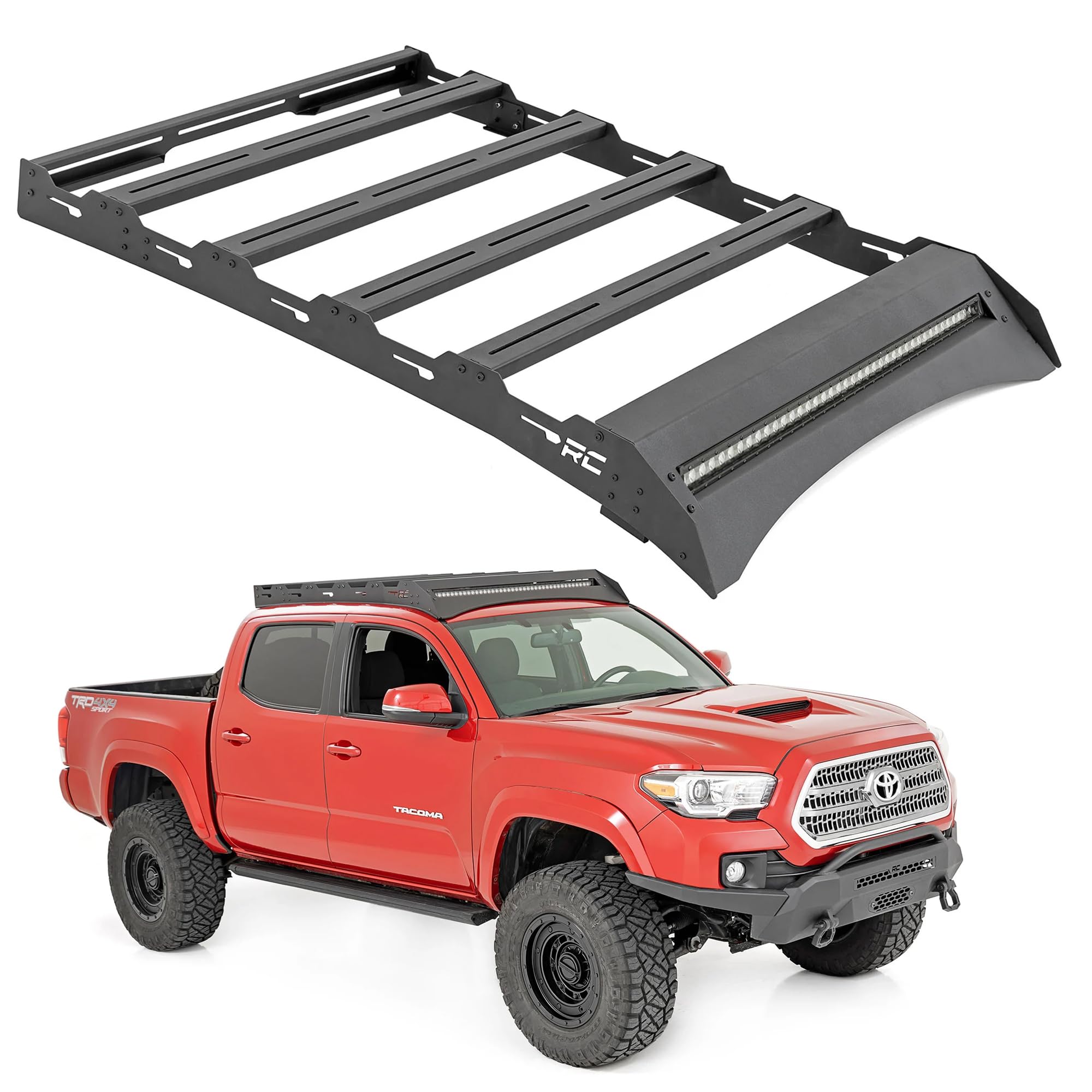 Rough Country Roof Rack System for Toyota Tacoma (2005-2023) CrewCab with 40" LED Light Bar - Easy Bolt-on Install, Includes 40" LED Light Bar