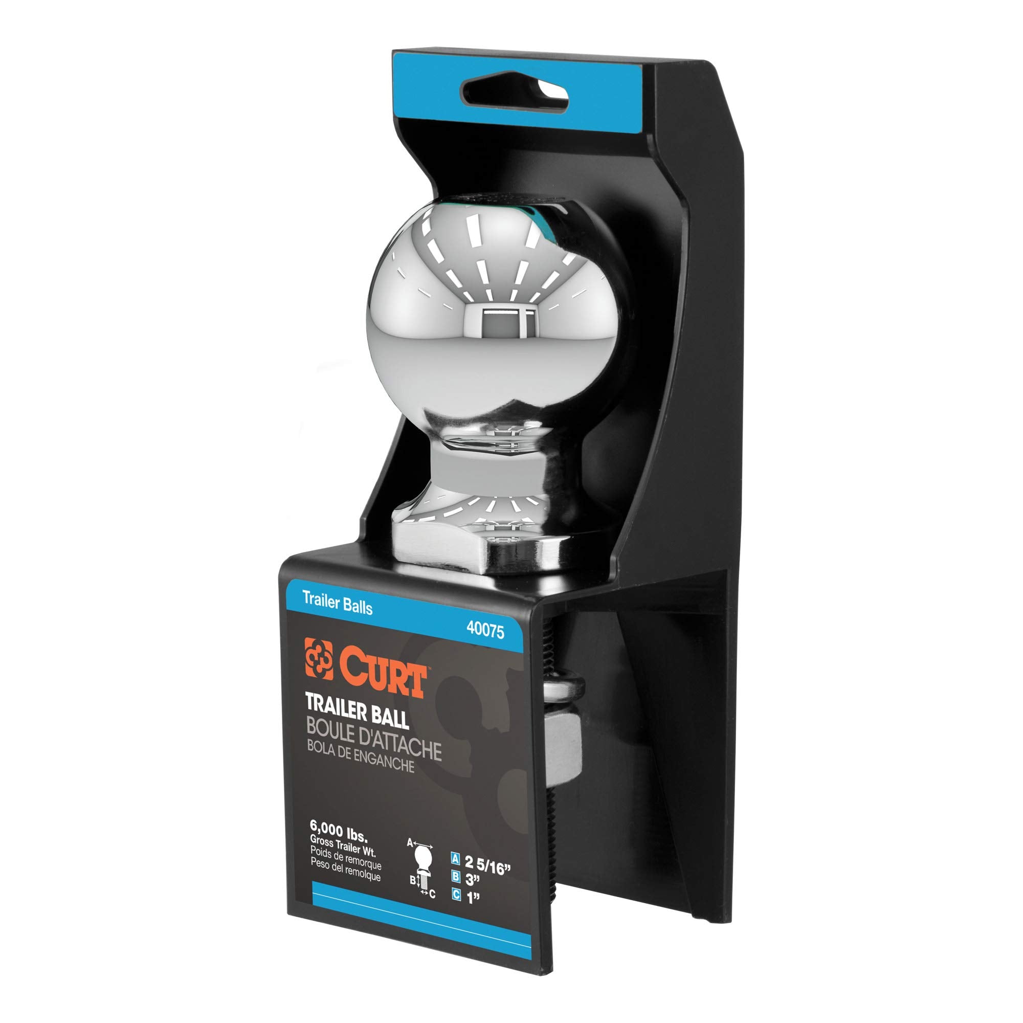 CURT Chrome Trailer Hitch Ball 40075, 6,000 lbs, 2-5/16-Inch Diameter, 1 x 3-Inch Shank