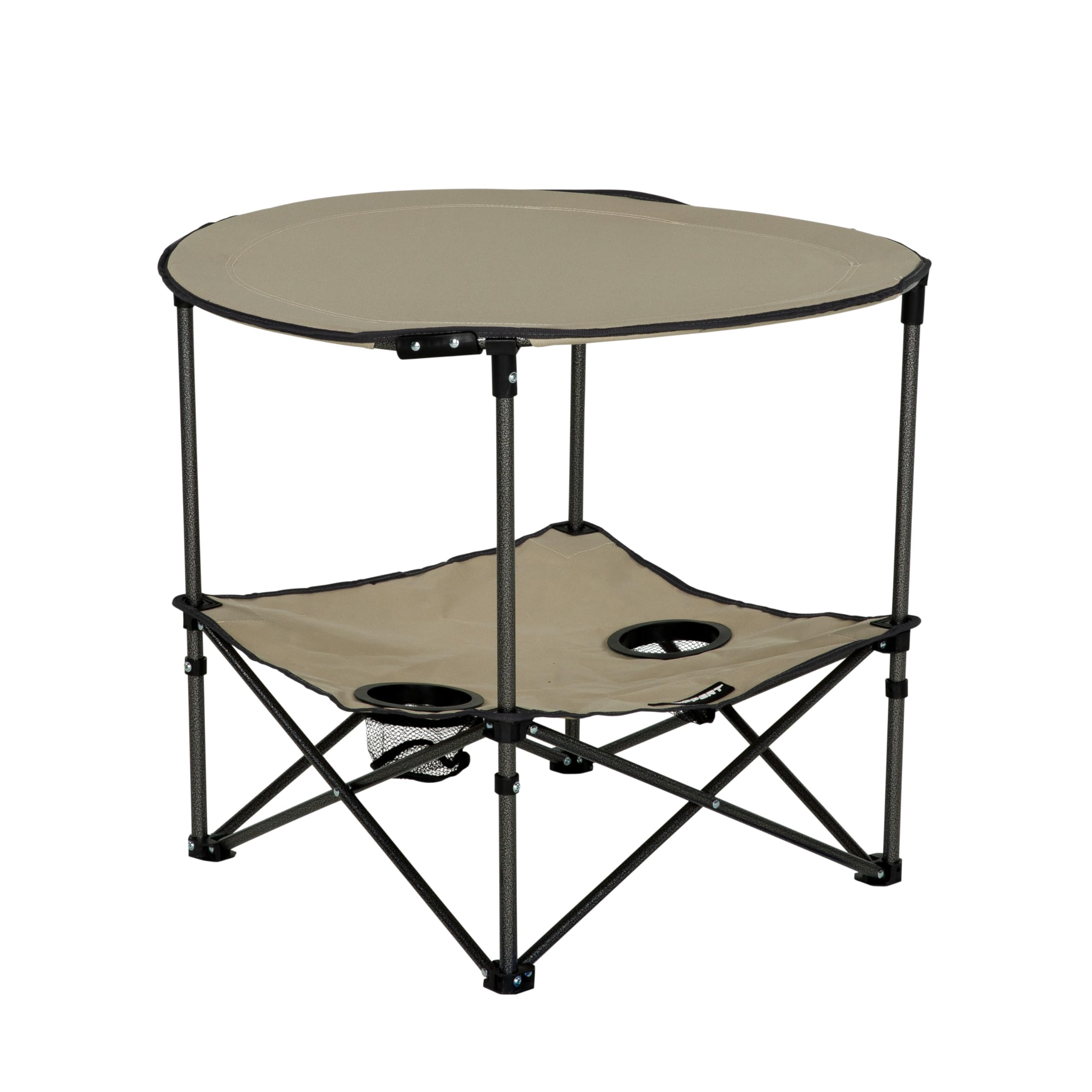 Lippert Two-Tier Sand Folding Camping Table with Dual Cupholders, 600D Polyester Fabric, Powder-Coated Steel Frame, Foldable Design, Lightweight Construction, Zippered Carry Bag - 2023053721