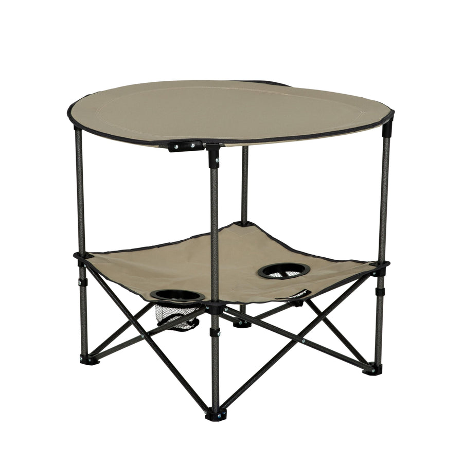 Lippert Two-Tier Sand Folding Camping Table with Dual Cupholders, 600D Polyester Fabric, Powder-Coated Steel Frame, Foldable Design, Lightweight Construction, Zippered Carry Bag - 2023053721