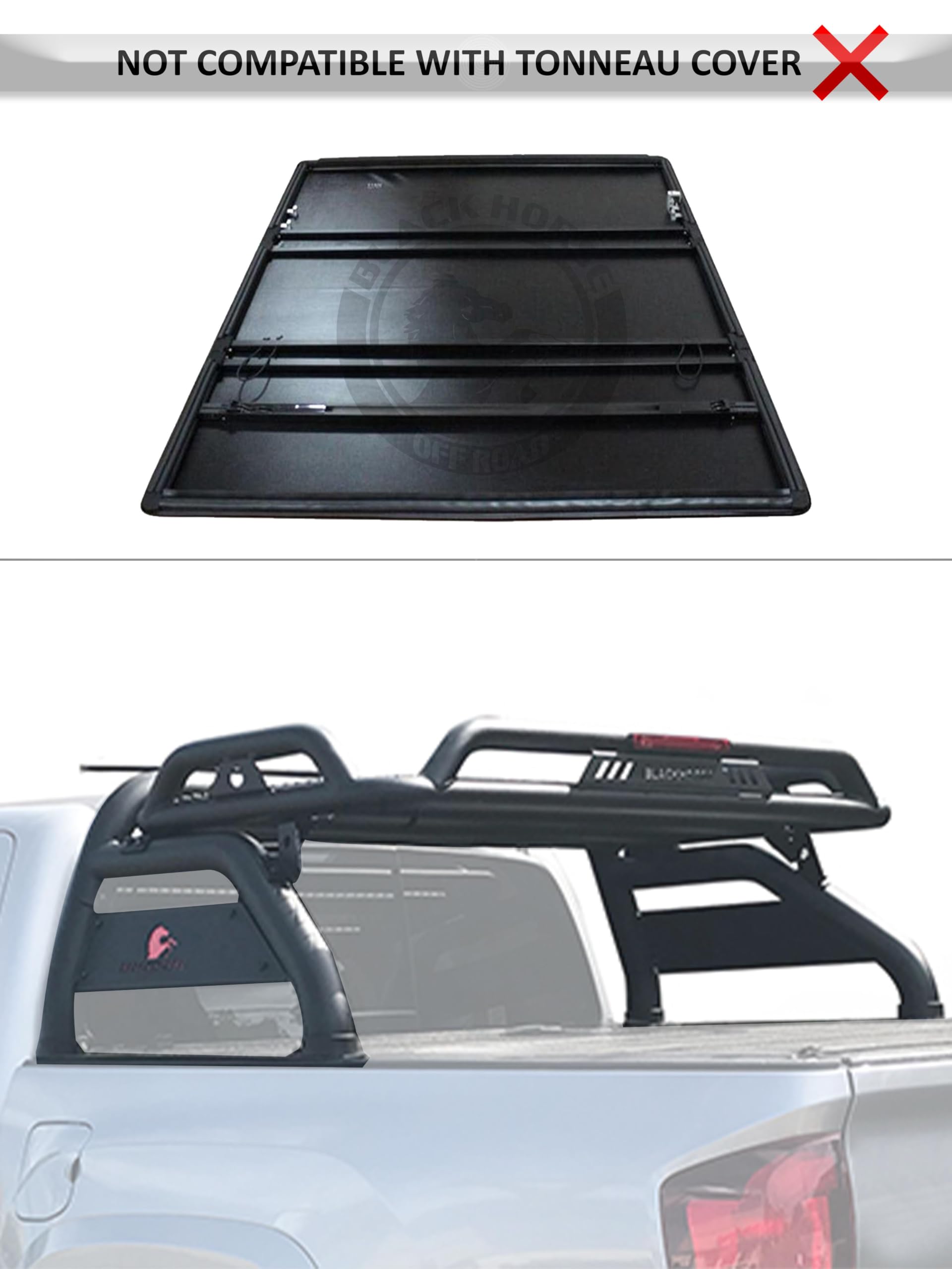 Atlas Black Horse Roll Bar Incl. Set of 5.3" Dia.Led Lights w/Red Trim Rings Compatible with 99-25 Ford F-250 Super Duty|99-25 Ford F-350 Super Duty|99-25 Ford F-450 Super Duty