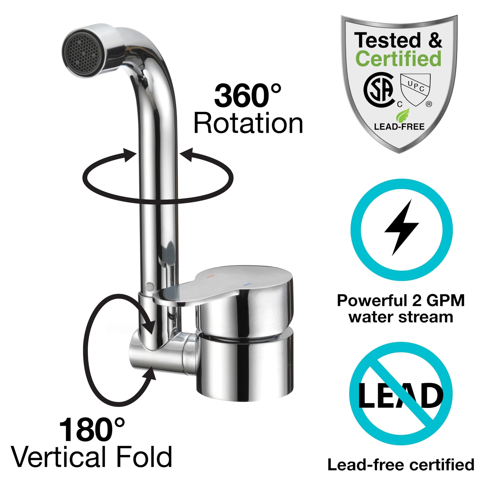 Folding RV Kitchen Faucet Dura Faucet (DF-MK510H-CP) – Chrome, 360° Rotating & Vertical Folding Spout, Single Lever Handle, Lead-Free, Easy Install Compact Sink Faucet