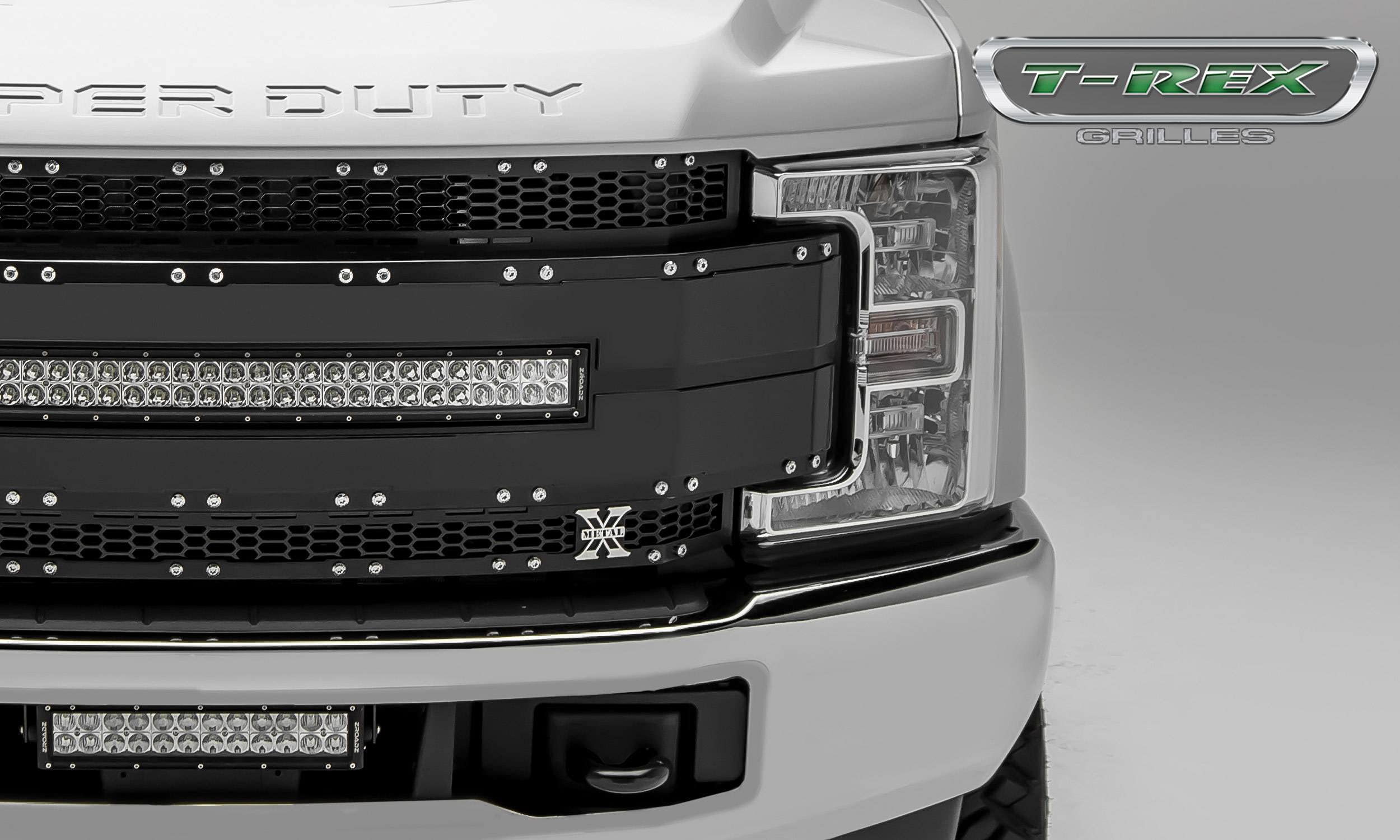 T-Rex Grilles Torch AL Grille, 2017-2019 Super Duty Black Mesh and Trim, 1 Pc, Replacement, Chrome Studs with (1) 30" LED, Does Not Fit Vehicles with Camera - PN #6315481