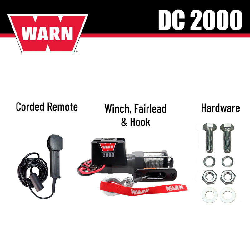 2000 WARN DC 12V Electric Winch, 2000 lb Pulling Capacity | Steel Cable, Hook & Corded Remote | Portable, Compact Power for Trailers, ATVs, Workshops, and General Utility Lifting & Pulling