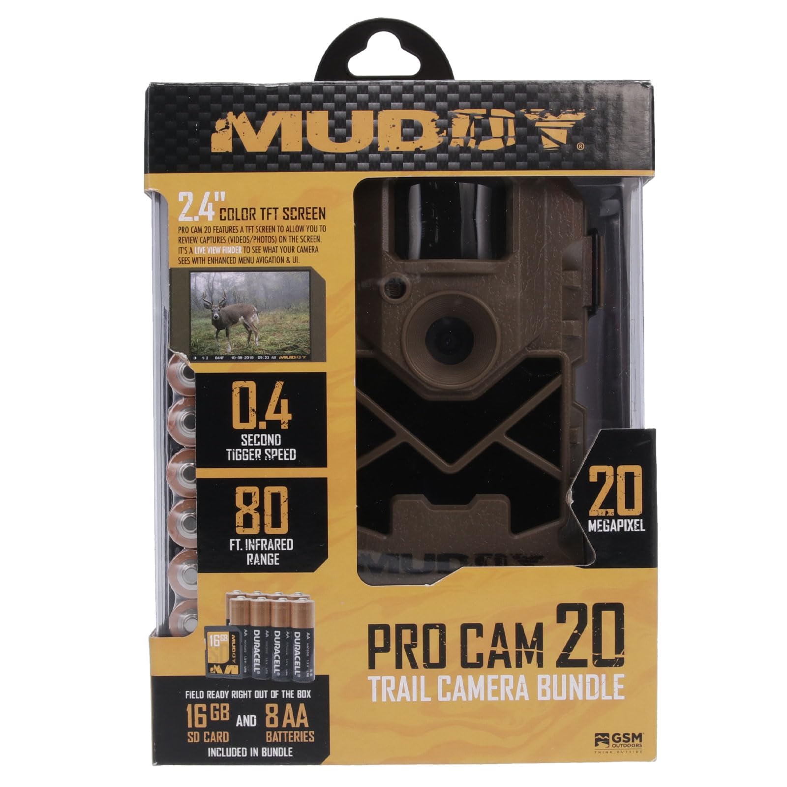 Pro Cam 20 Muddy Combo - 20 MP & 720 Video at 30FPS 0.5 Sec Trigger Speed 80Ft Detection IR Range Durable Hunting Outdoor Scouting Trail Camera, 8 AA Batteries & 16GB SD Card Included