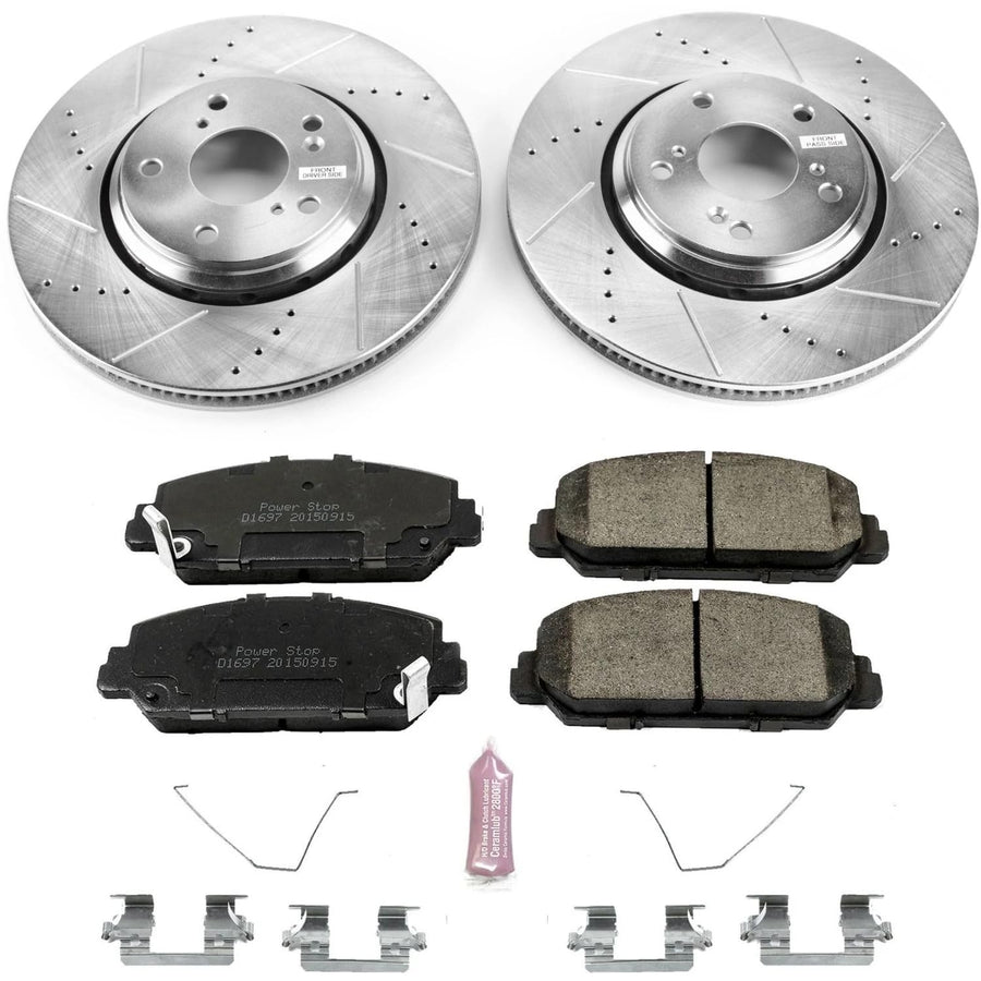 Power Stop K7347 Z23 Carbon Fiber Brake Pads with Drilled Slotted Brake Rotors Brake Kit For Acura ILX | Honda Accord | Honda Civic [Application Specific]