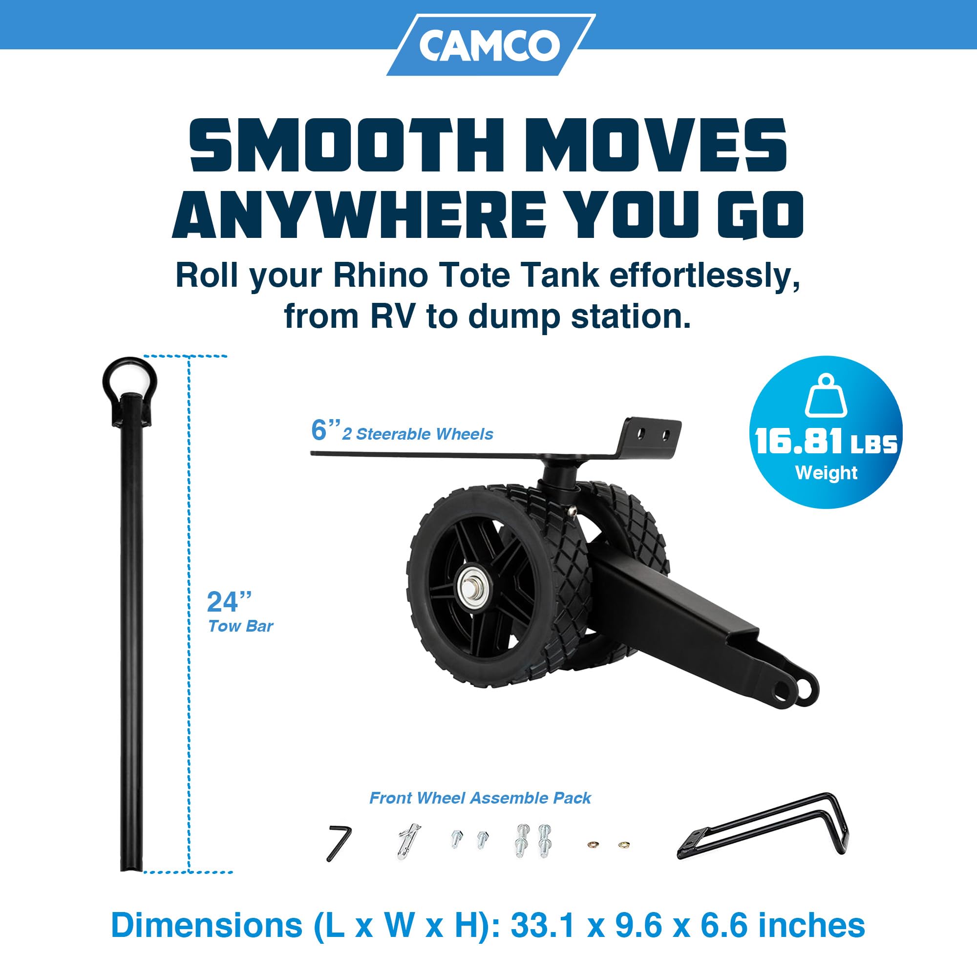 Camco Steerable Wheel Kit for 28 & 36-Gallon Rhino RV Tote Tanks - Features No-Flat Front Steerable Wheels, 24" Tow Bar & More RV Accessories (39011)