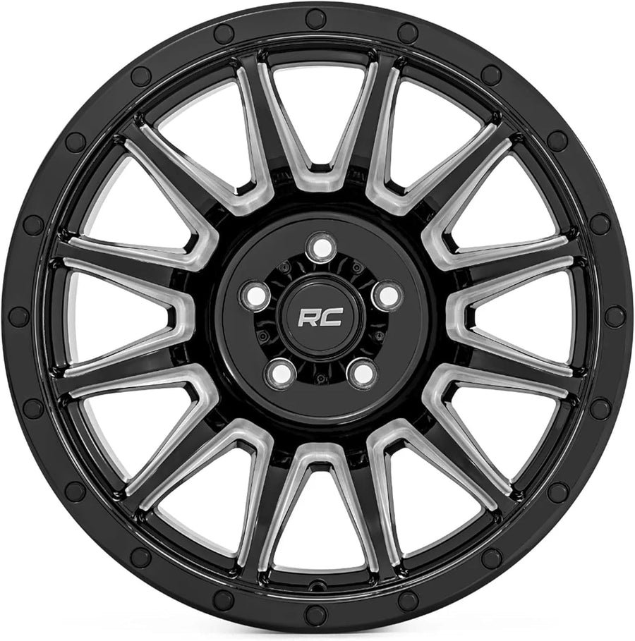 20x10 Rough Country 90 Series Wheel - 6x5.5" Bolt Pattern, 19mm Offset, One Piece Aluminum Rim, Gloss Black Finish with Machined 12-Spoke Design for Trucks, Jeeps, Off-Road