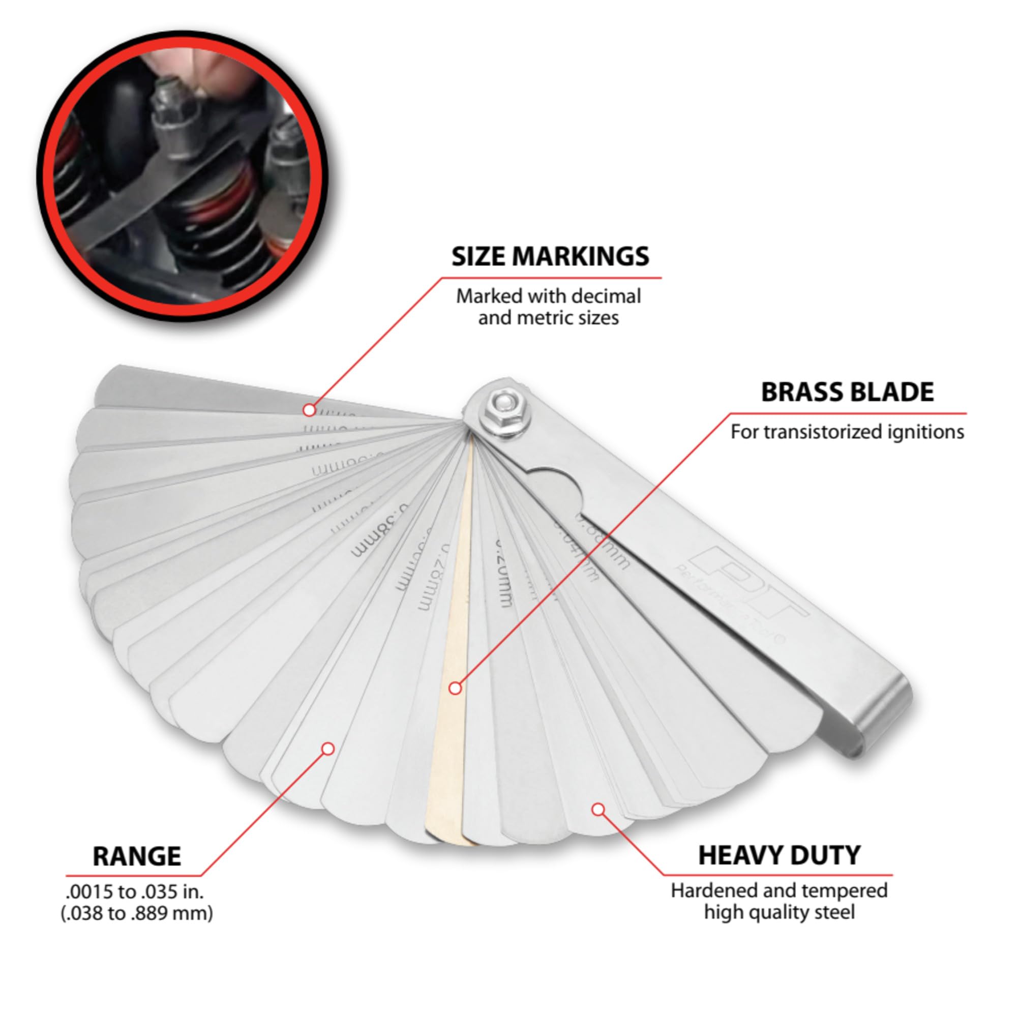 W125C Performance Tool: 32 Blade Metric and SAE Feeler Gauge Set with .010 Brass Blade for Transistorized Ignitions, 3-1/2 in. Long