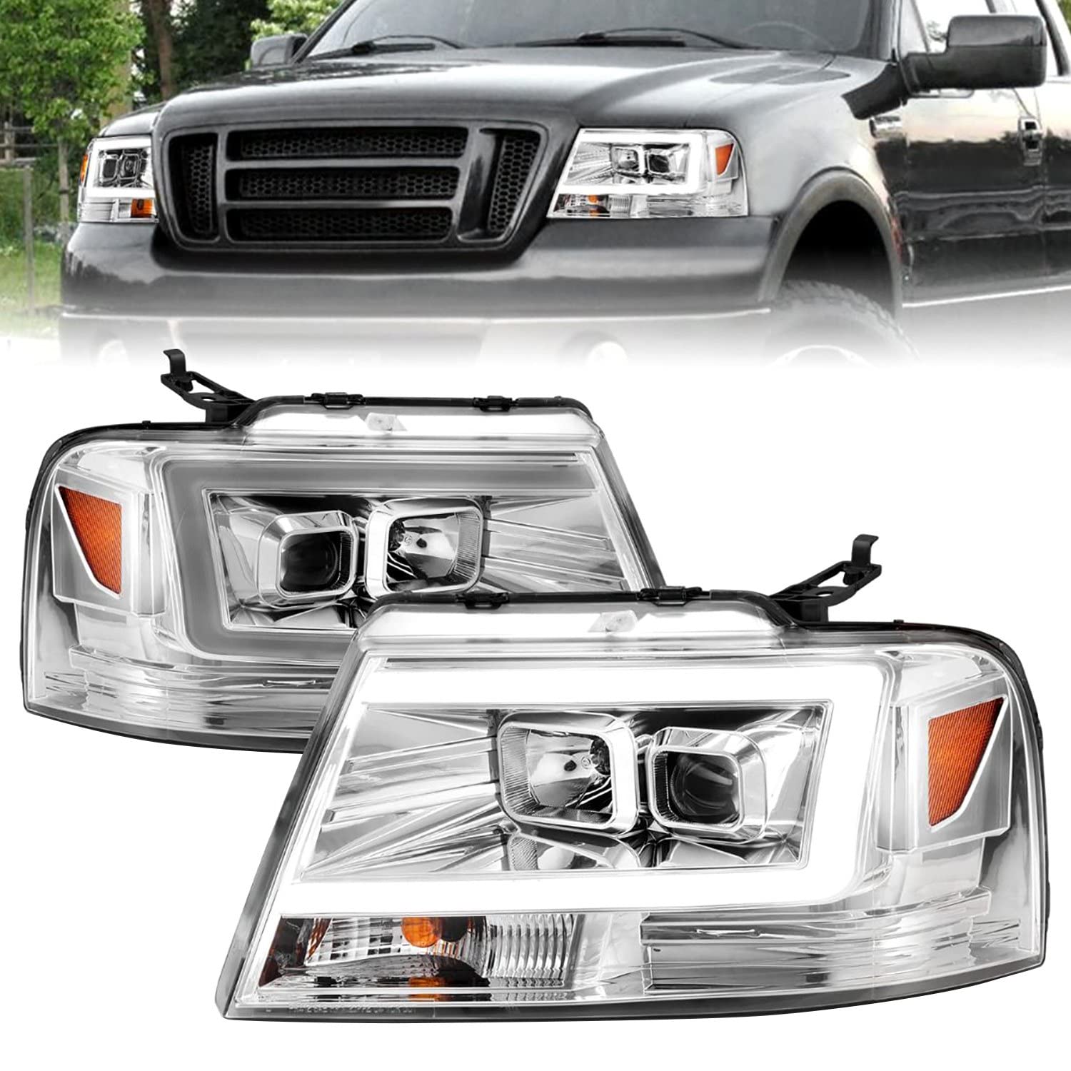 2004-2008 Ford F-150 ANZO Projector Headlights w/Light Bar Chrome Housing (111542)