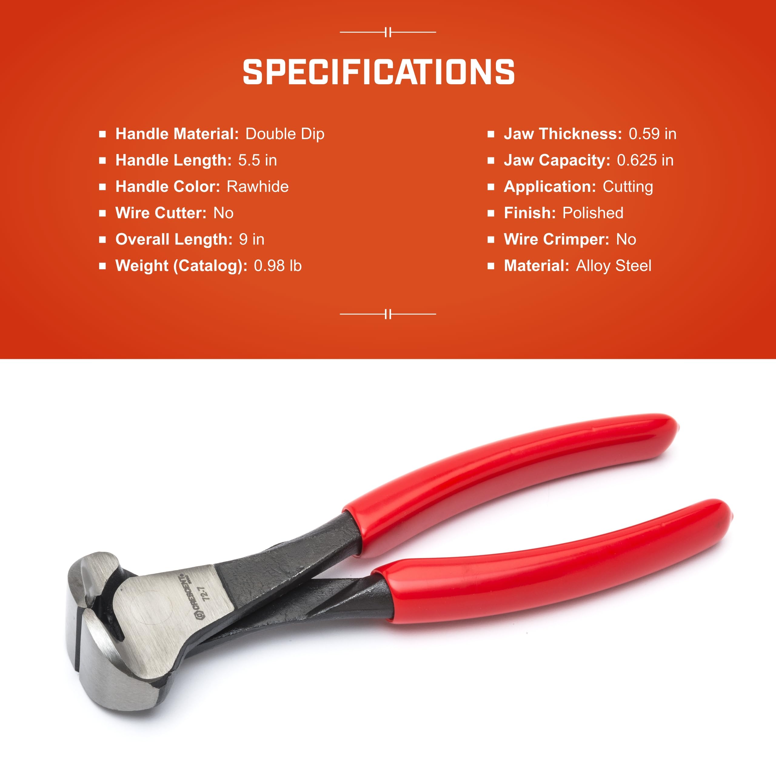 9-1/4" Crescent Dipped Handle End Cutting Nipper Pliers - 729CVN