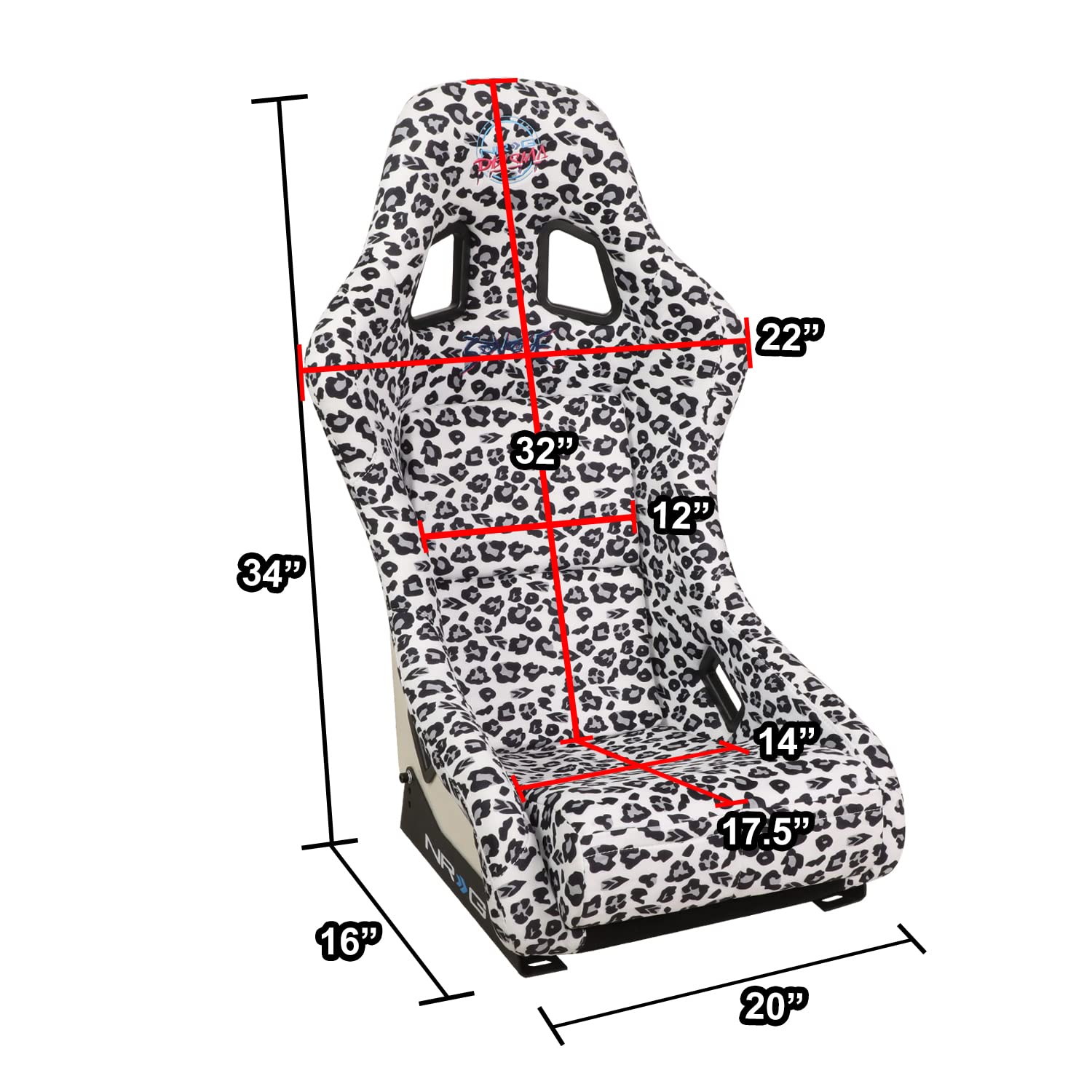 NRG Innovations Prisma FRP-303-WT-SAVAGE Fixed Back Bucket Racing Seat with Bottom Mount Bracket, White Savage Leopard Print Fabric/White Pearl Back