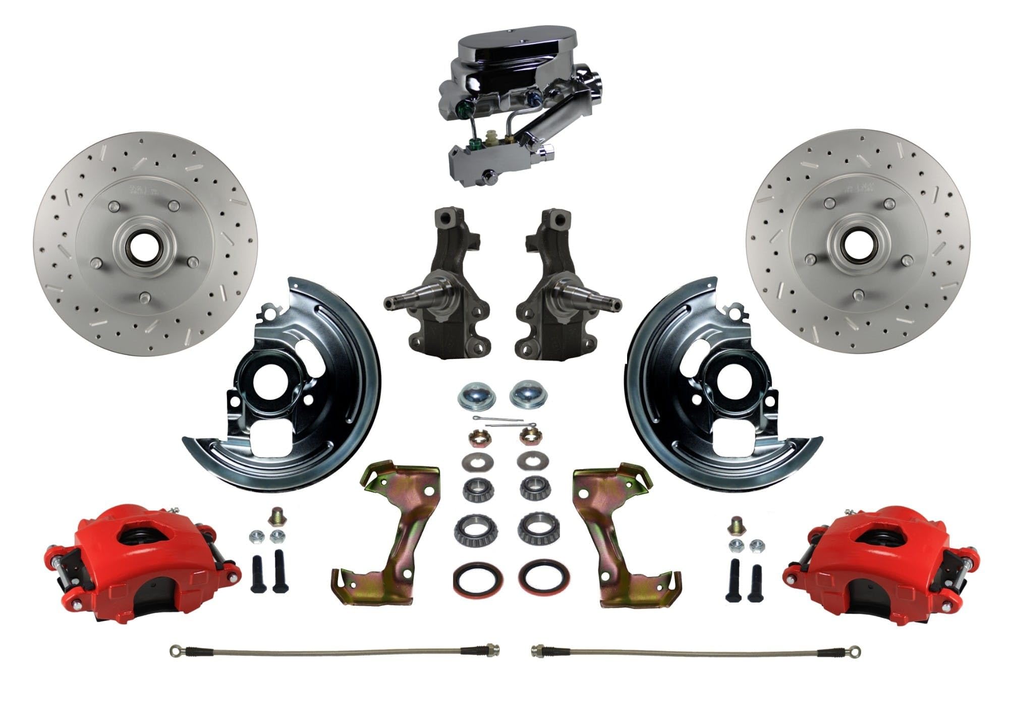 LEED BRAKES Front Disc Brake Kit Manual 2" Drop Spindle Cross Drilled And Slotted Rotors Red Powder Coated Calipers Chrome Aluminum M/C Disc/Disc