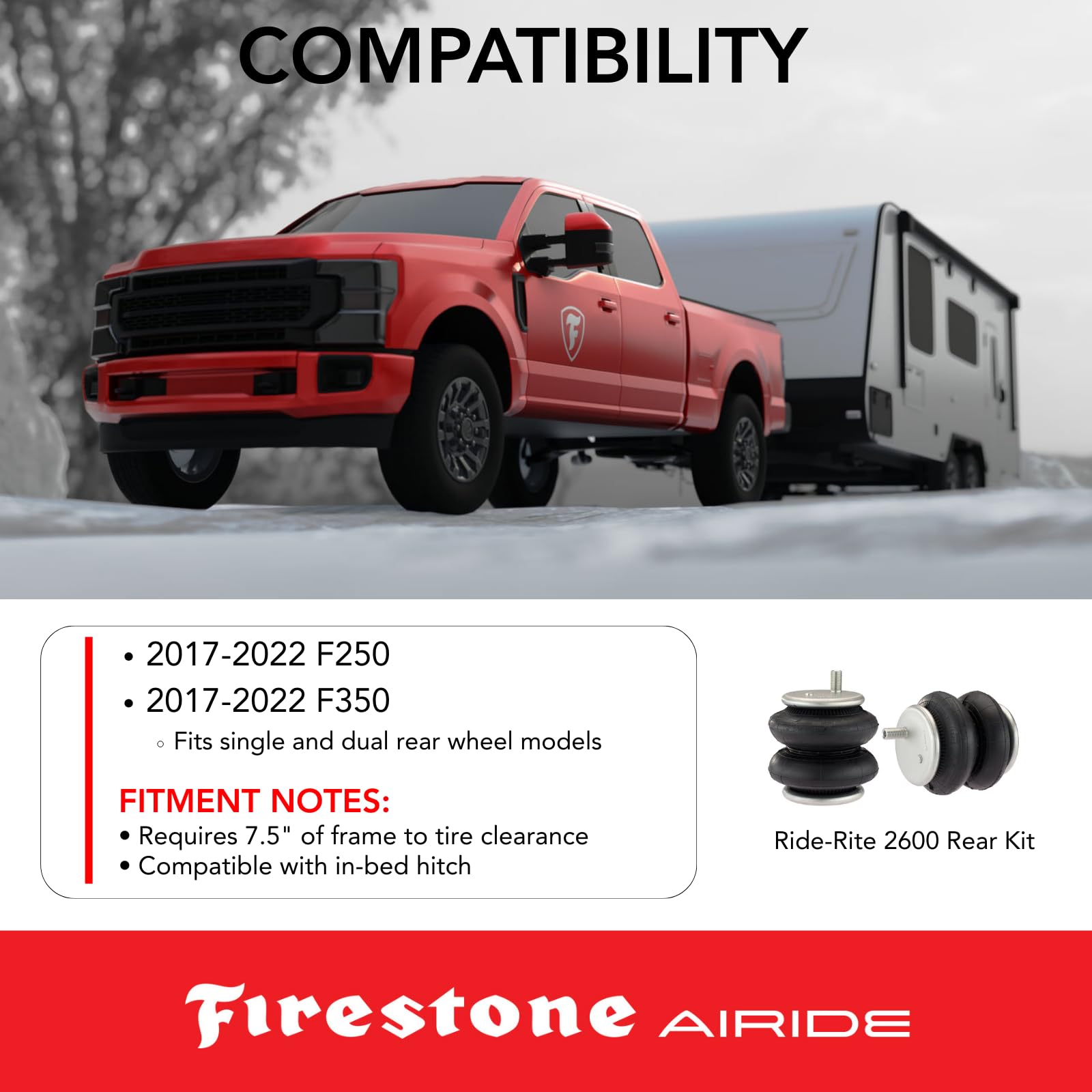 Firestone 2600 Ride-Rite Airide Rear Springs Kit fits 2017-2022 F250 F350 2WD | 20-100 PSI | No Drill Installation | Load Capacity of 5,000 Pounds | Levels Headlight Beams
