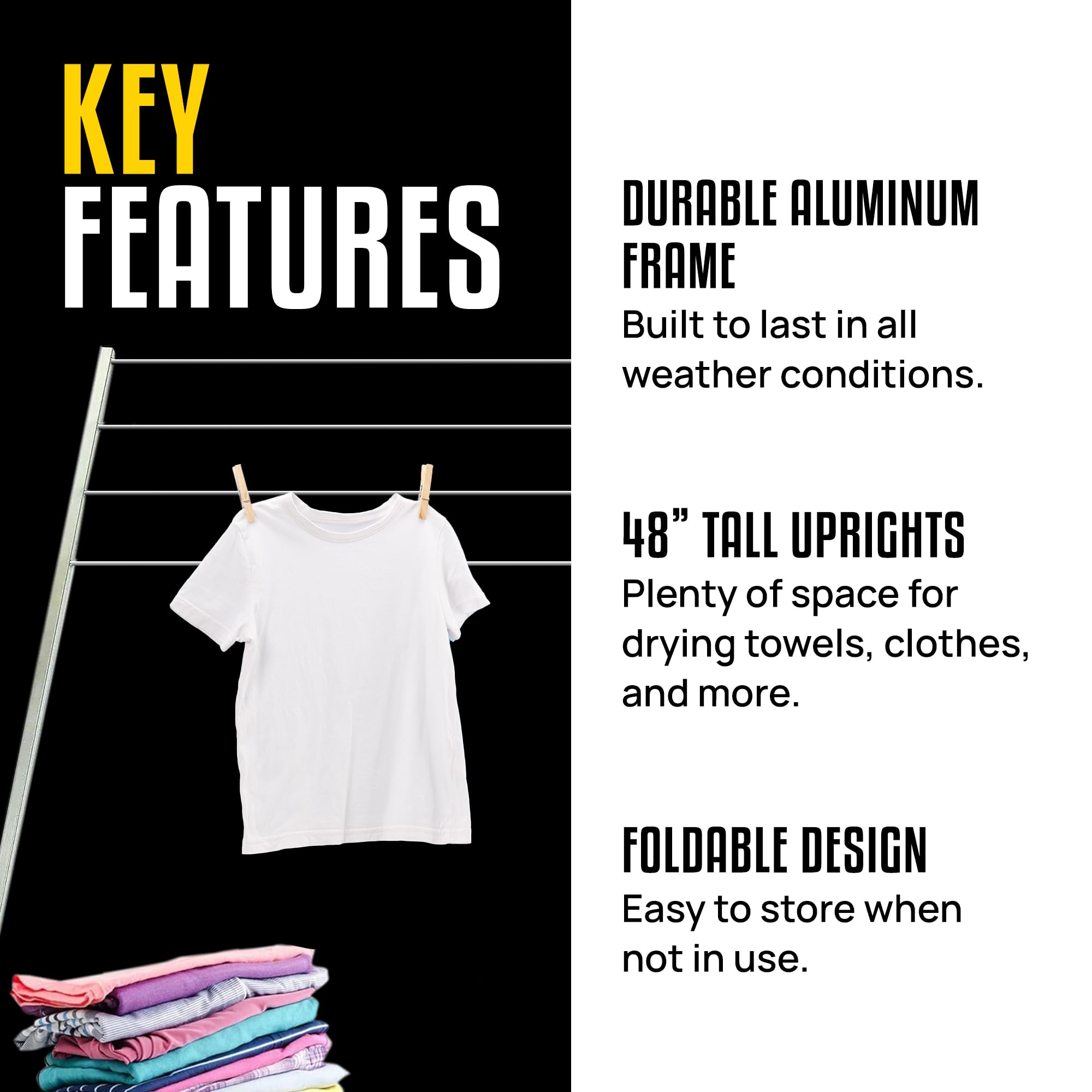 Stromberg Carlson Bumper Mounted CL-100 Clothesline - 48" aluminum foldable travel drying rack for RV Bumper, camper, and outdoor use; 84" hanging space, ideal RV clothesline and camping laundry rack.
