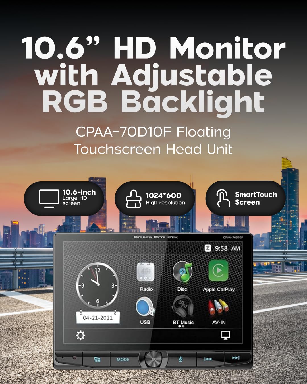 Car Stereo Power Acoustik CPAA-70D10F - Apple CarPlay & Android Auto Head Unit, 10.6" Floating Double DIN Touchscreen Car Stereo with Bluetooth, Aux Input, USB, SD, AM/FM Receiver, CD DVD Player