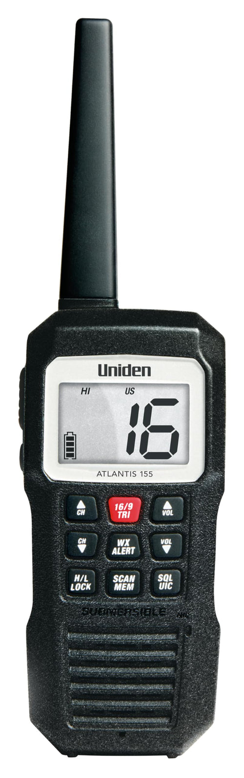 Atlantis 155 Uniden Handheld Two-Way VHF Marine Radio, Floating IPX8 Submersible Waterproof, Dual-Color Screen, All USA/International/Canadian Marine Channels, NOAA Weather Alert, 10 Hour Battery
