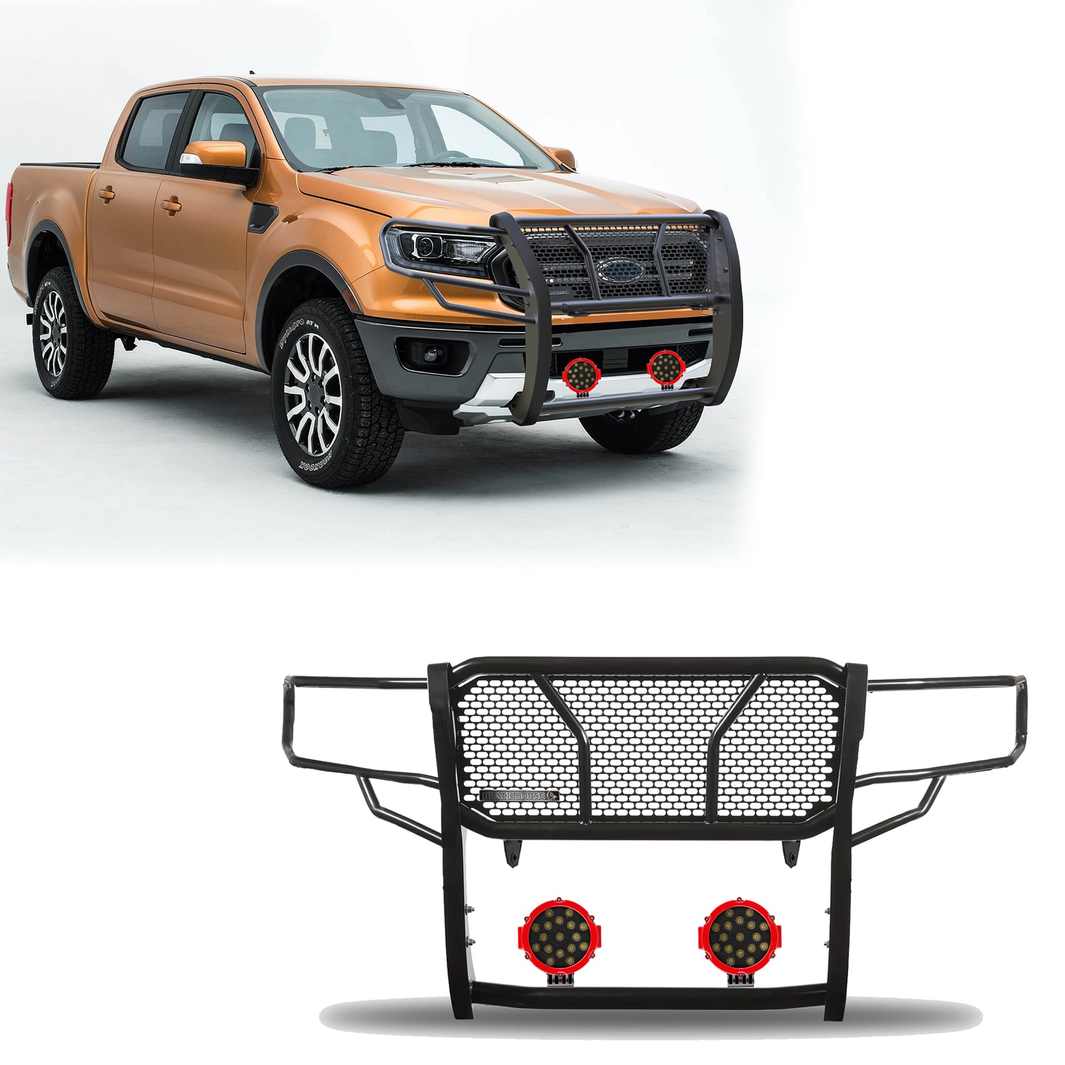 Heavy Duty Black Horse Rugged Grille Brush Bumper Guard Modular Black Come with Pair of 7.0" Dia.LED Lights with Red Trim Rings Compatible with 2019-2023 Ford Ranger-RU-FORA19-B-PLR