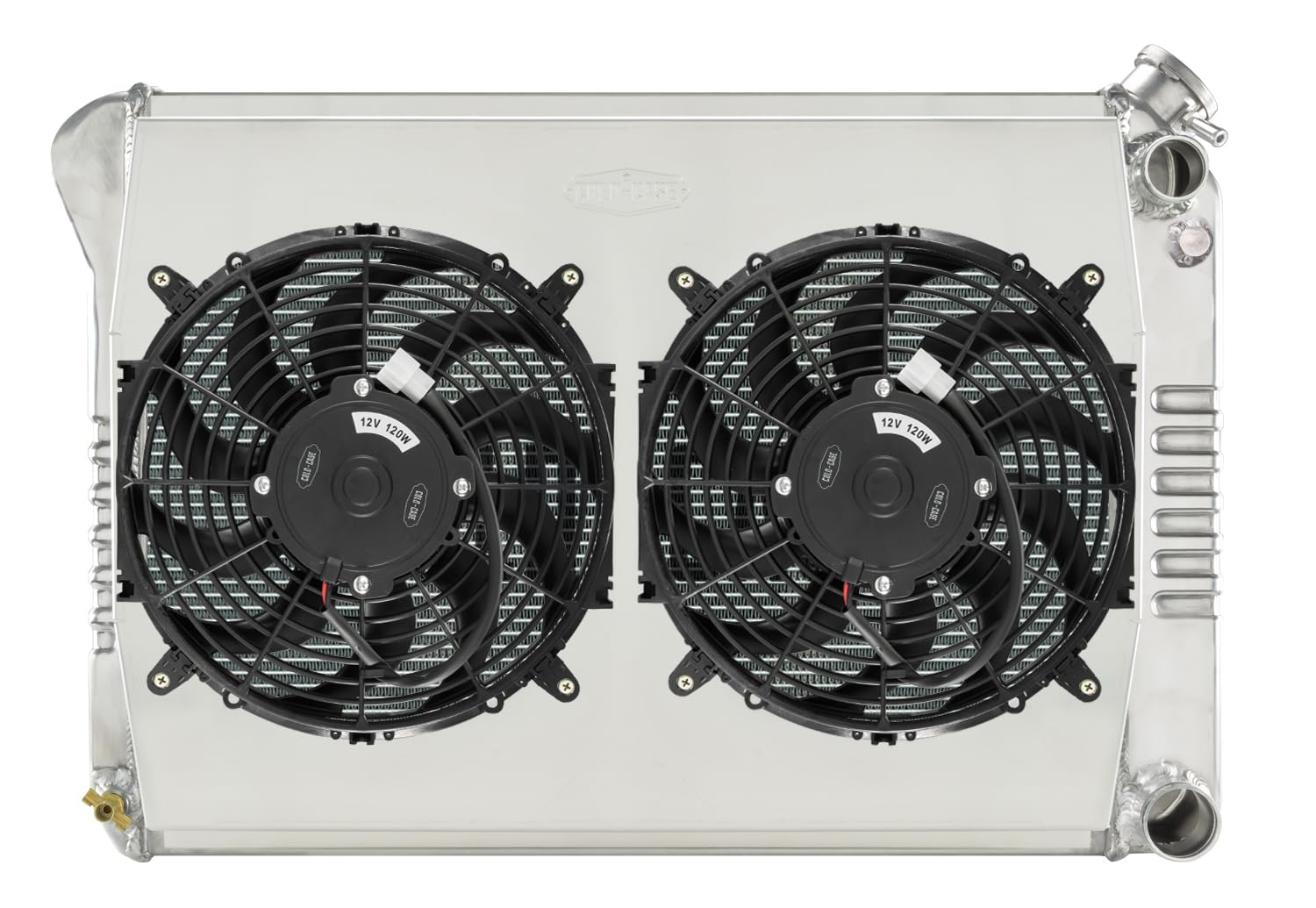 Radiator Cold Case and Fan, 28.35 in W x 19 in H x 6.75 in D, Passenger Side Inlet, Passenger Side Outlet, Aluminum, Polished, GM LS-Series, GM X-Body 1968-79, Kit
