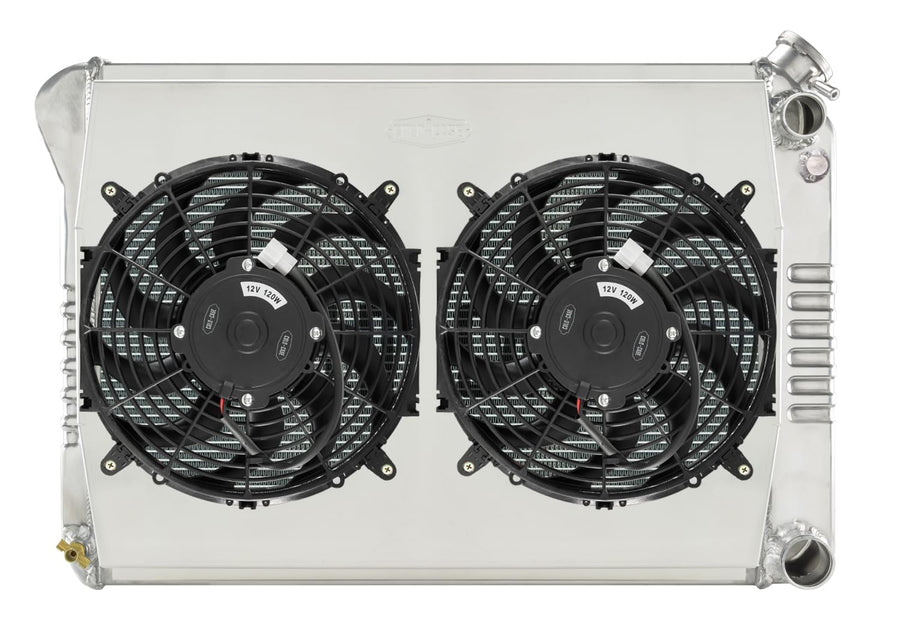 Radiator Cold Case and Fan, 28.35 in W x 19 in H x 6.75 in D, Passenger Side Inlet, Passenger Side Outlet, Aluminum, Polished, GM LS-Series, GM X-Body 1968-79, Kit