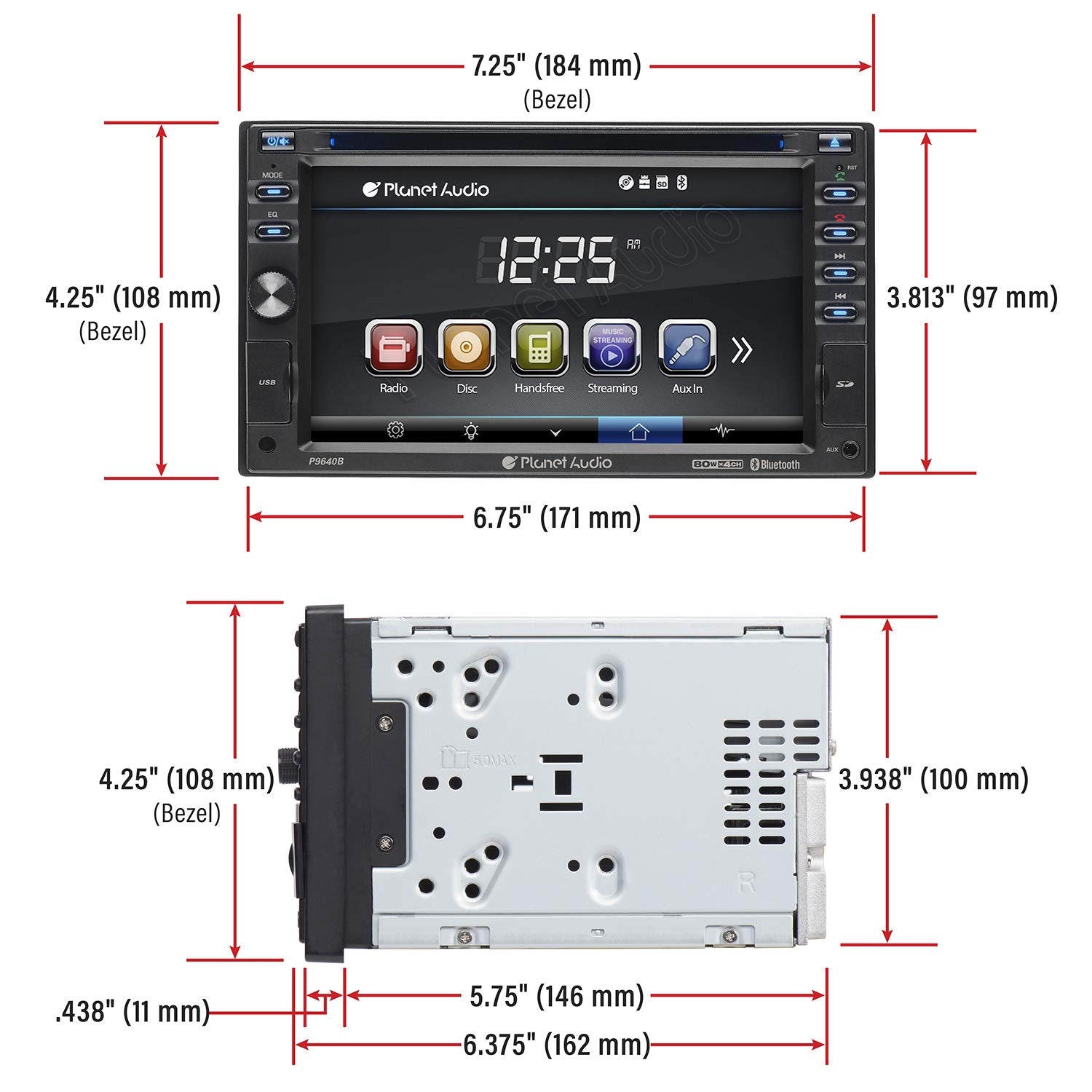 Car Audio Stereo System Planet Audio P9640B - 6.2 Inch Double Din, LCD Touchscreen, Bluetooth Audio and Hands-Free Calling, CD Player, DVD, USB, SD, AUX in, AM/FM Radio Receiver