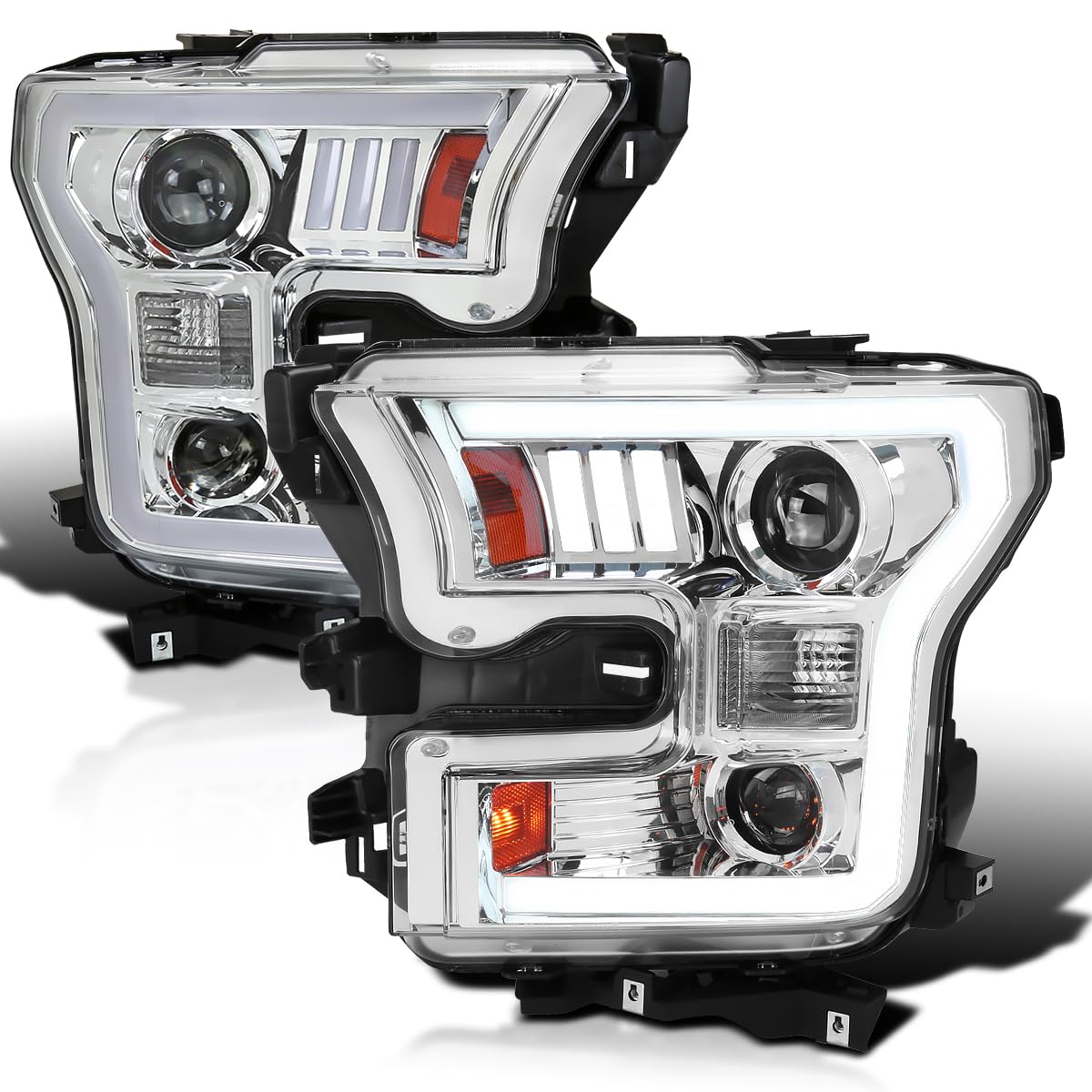 Chrome Projector Headlights SPEC-D TUNING w/LED Light Bar Compatible with 2015-2017 Ford F-150, Left + Right Pair Headlamps Assembly