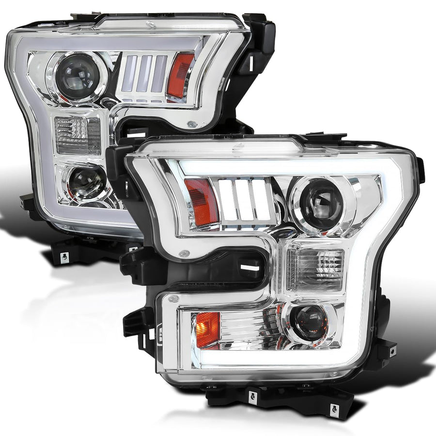 Chrome Projector Headlights SPEC-D TUNING w/LED Light Bar Compatible with 2015-2017 Ford F-150, Left + Right Pair Headlamps Assembly
