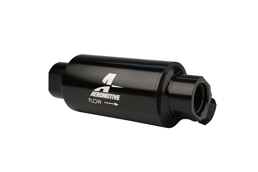 Aeromotive Filter 12333 w/Dual Outlet, 10-Micron Fabric Element, In-Line, ORB10 Inlet/Outlet plus ORB-06 Outlet, Bright-Dip Black, 2" OD