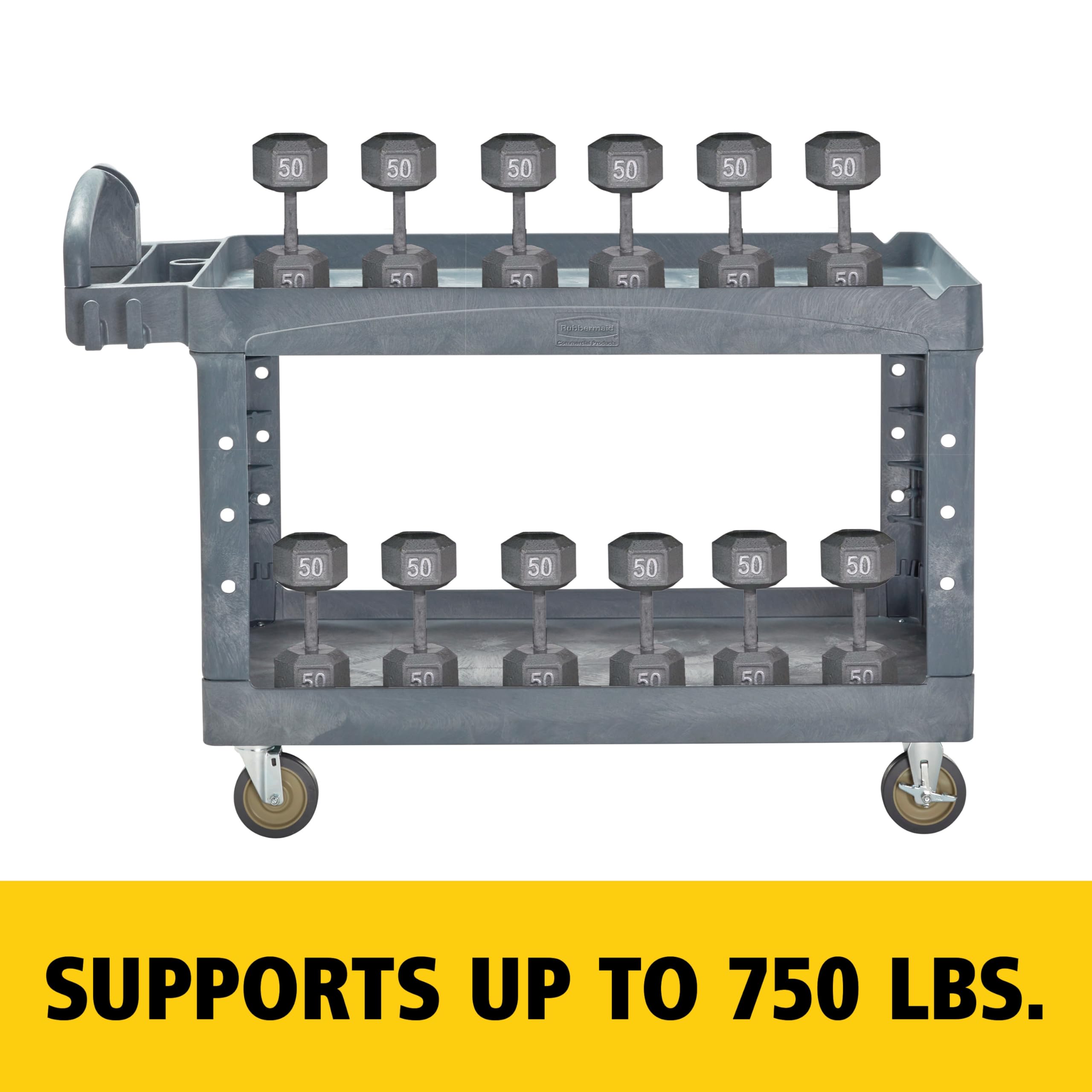 Rubbermaid Commercial Products Heavy Duty BRUTE 2-Shelf Utility/Service Cart, Large, Lipped Shelves, Ergonomic Handle, 750 lbs. Capacity, Black, for Warehouse/Garage/Cleaning/Maintenance/Stadiums